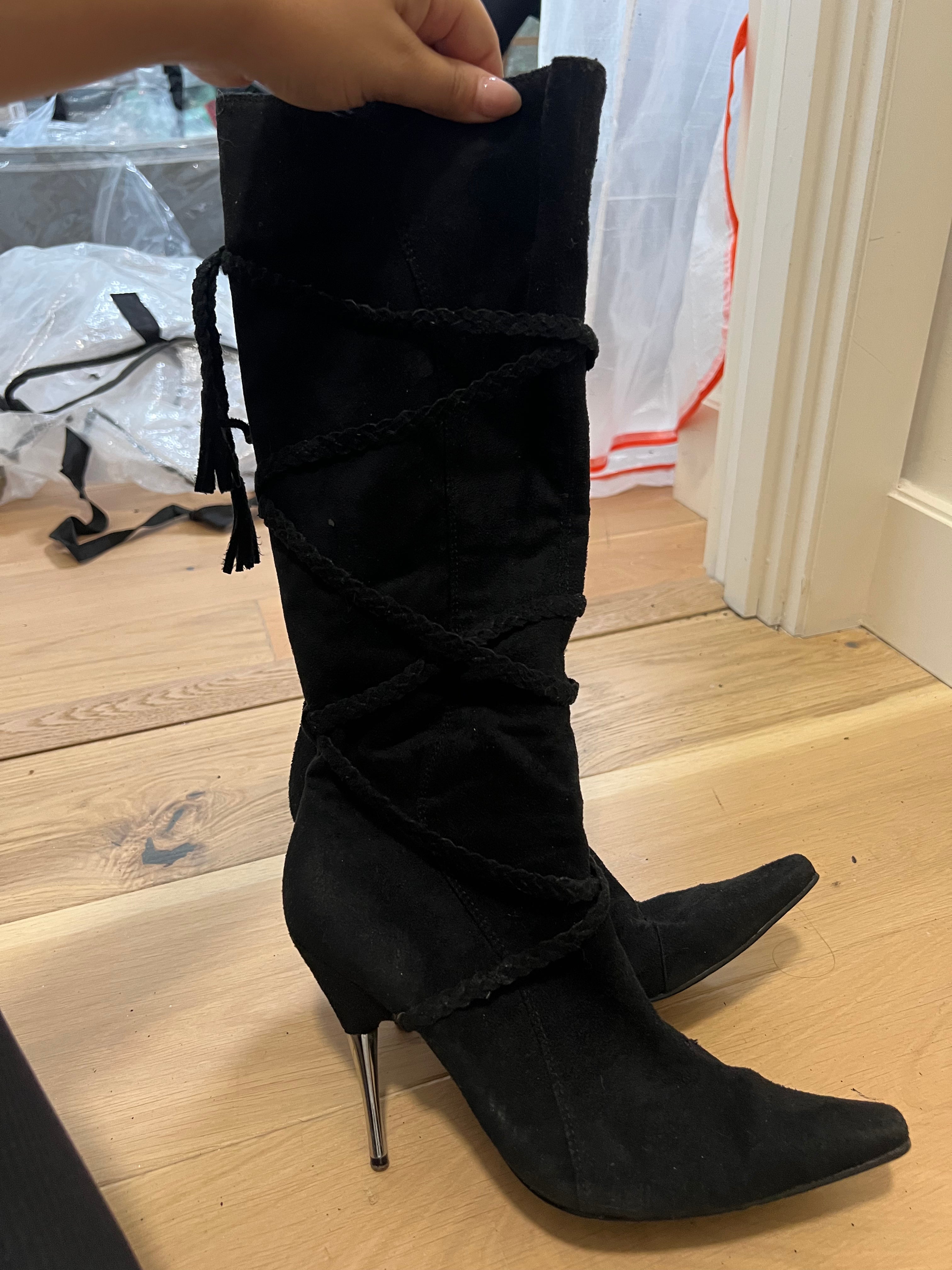 Black Suedette knee high boot heels