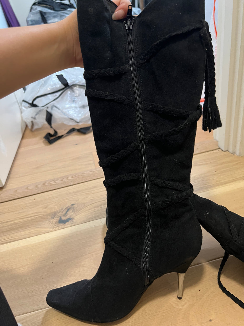 Black Suedette knee high boot heels