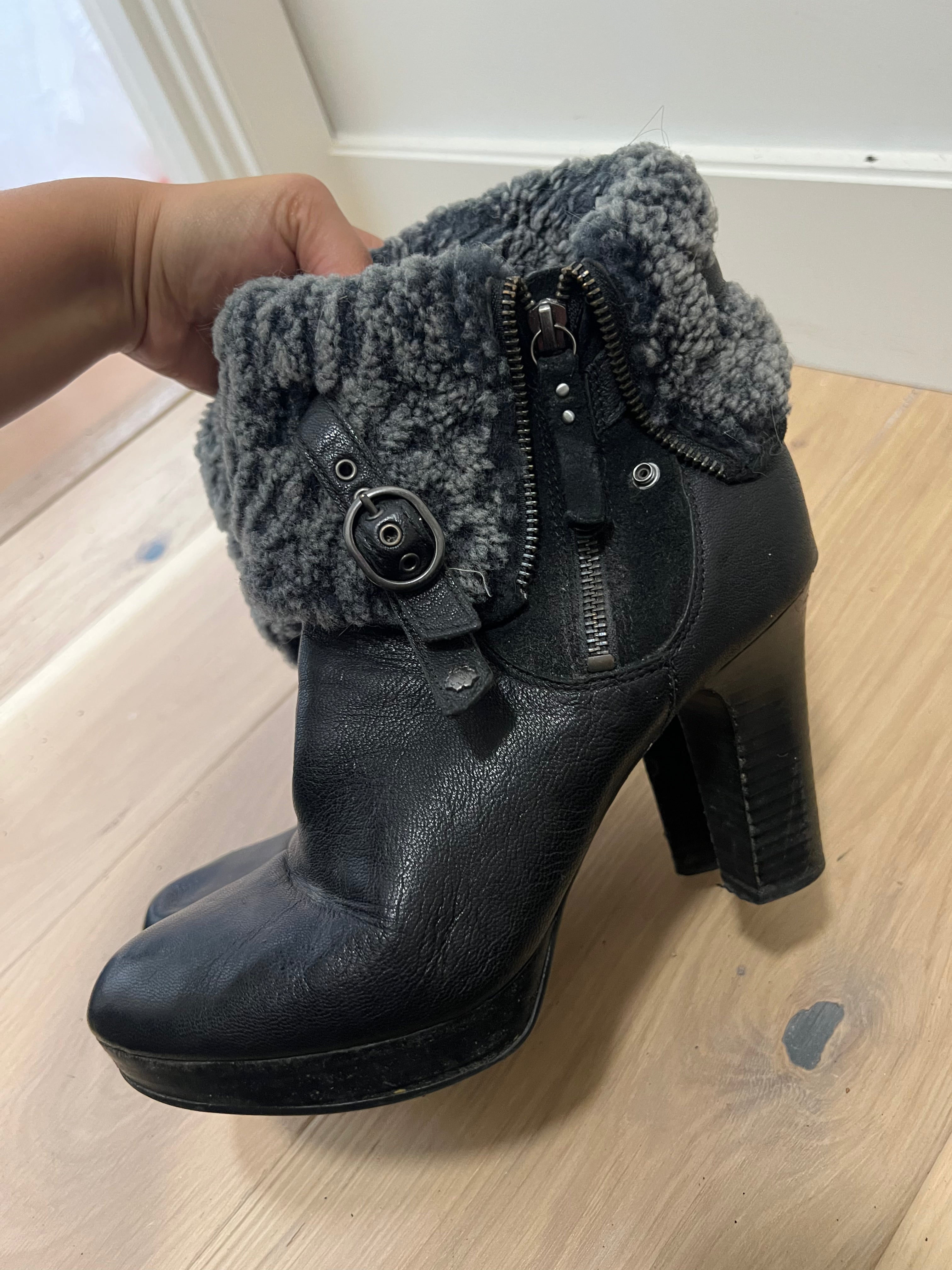 UGG ankle black heels with grey fur cuff
