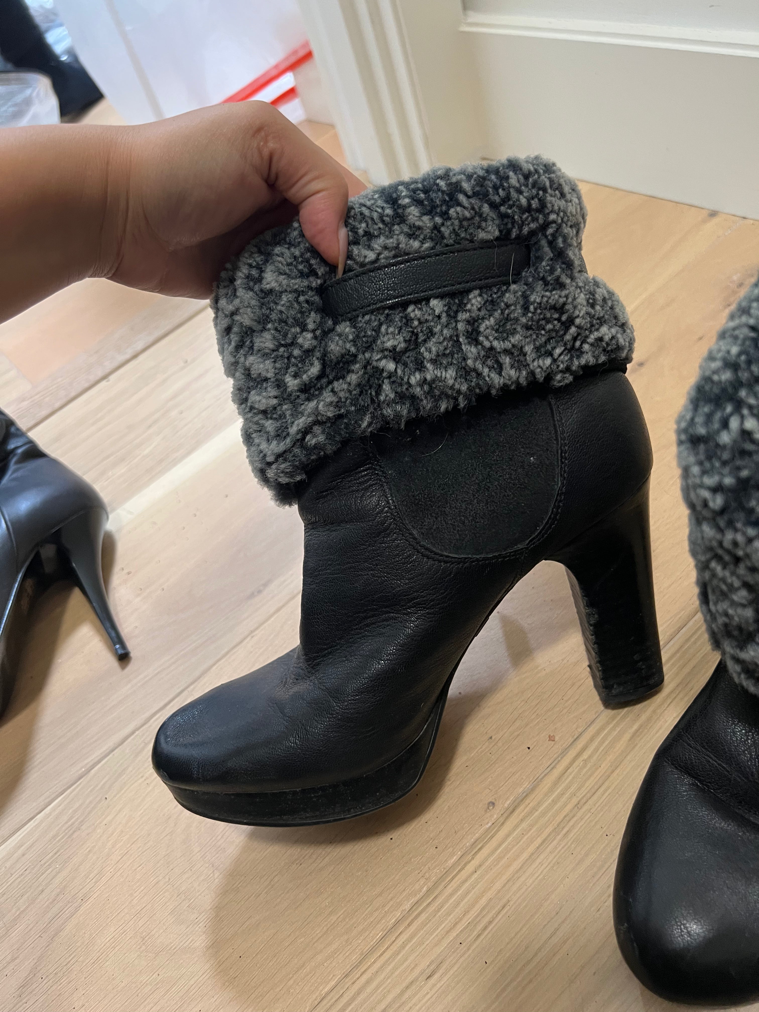 UGG ankle black heels with grey fur cuff