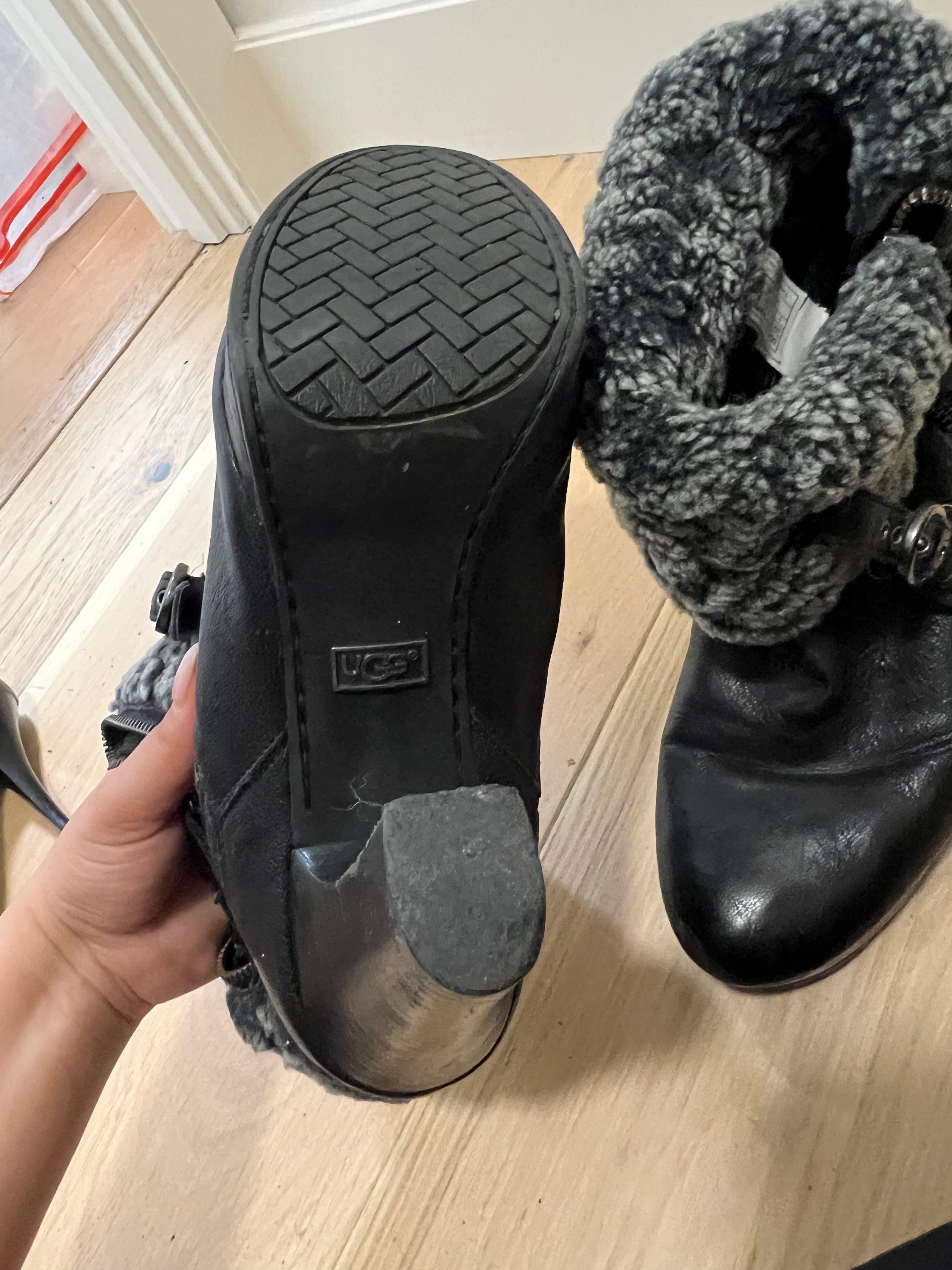 UGG ankle black heels with grey fur cuff