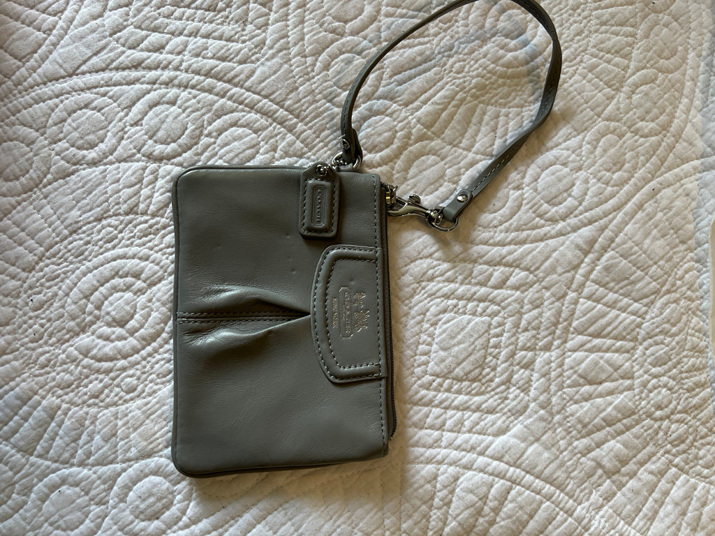 Grey, purse, strap, zipper, brand new condition, very small size