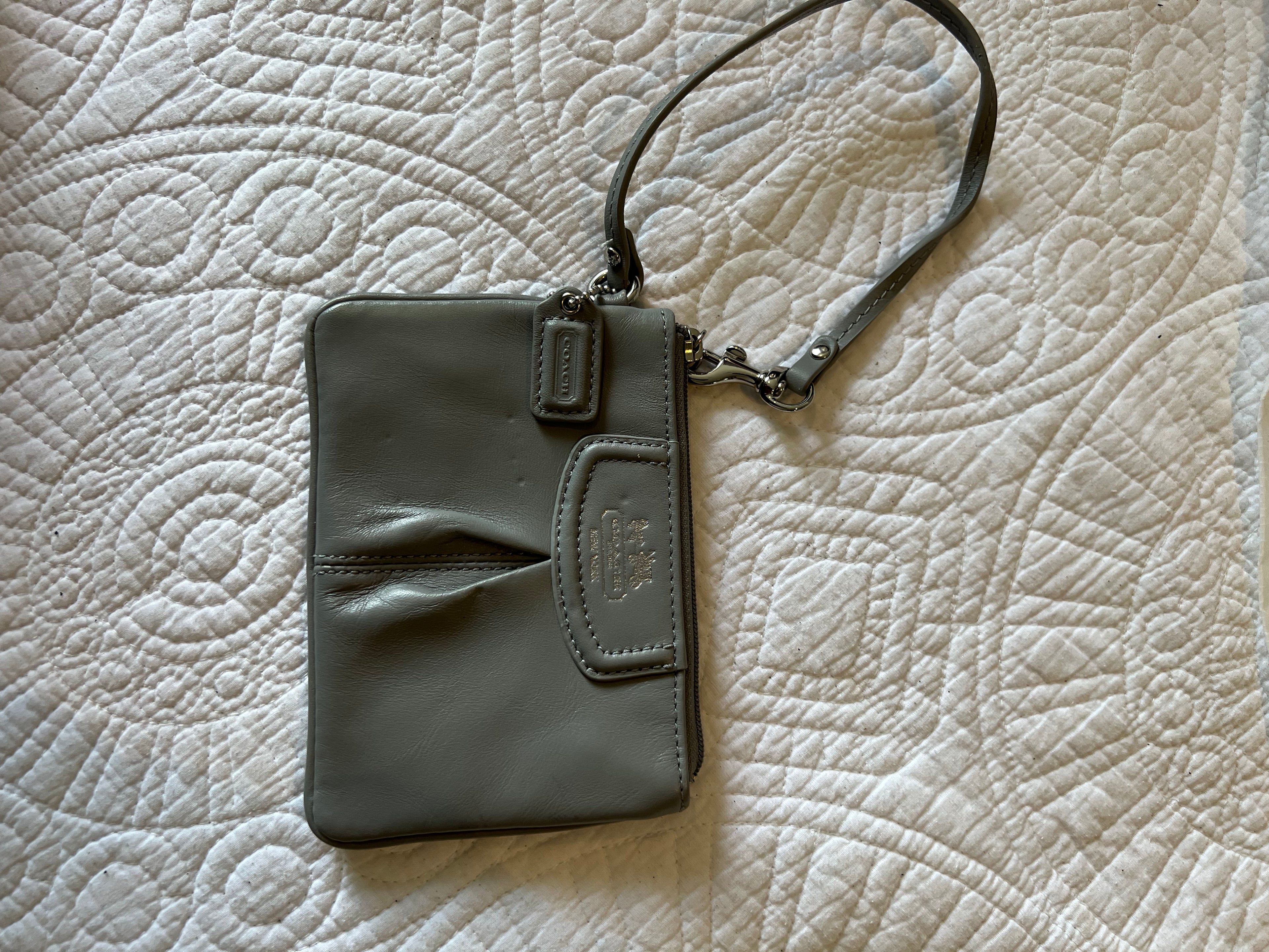 Grey, purse, strap, zipper, brand new condition, very small size