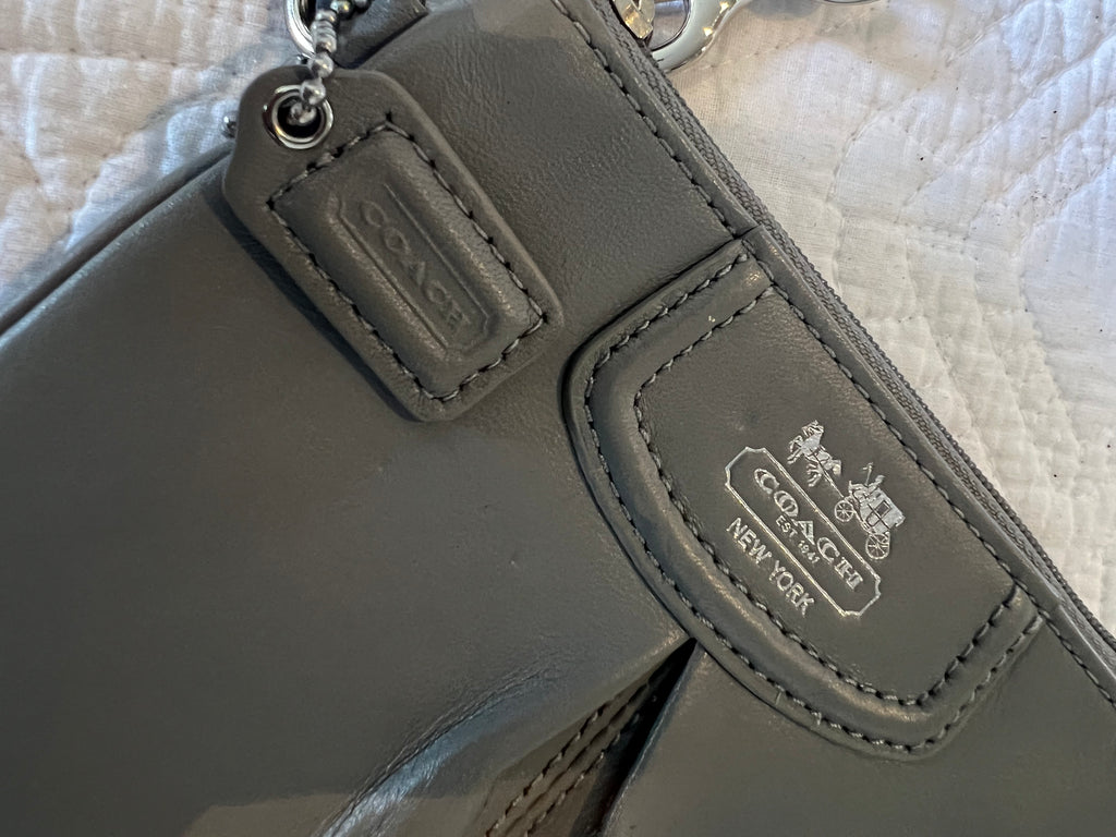 Grey, purse, strap, zipper, brand new condition, very small size