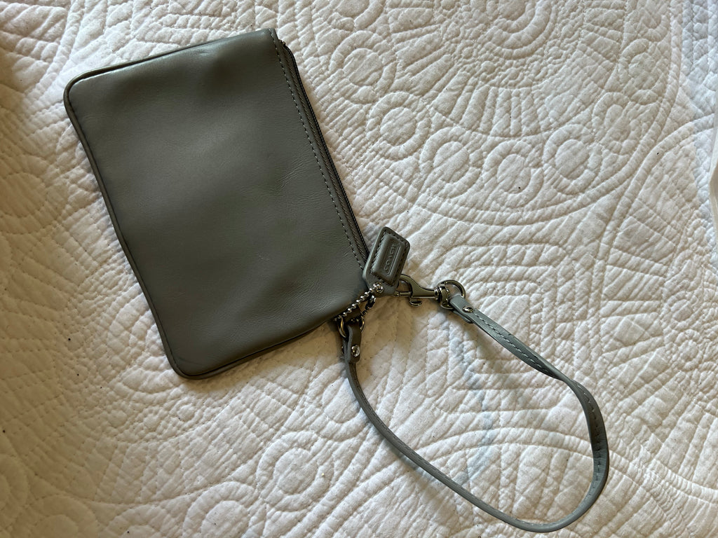 Grey, purse, strap, zipper, brand new condition, very small size