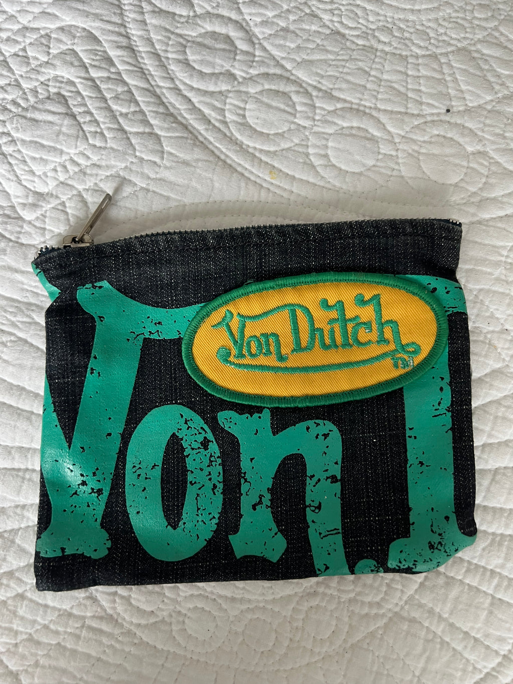 Von Dutch purse, green text style, denim style material