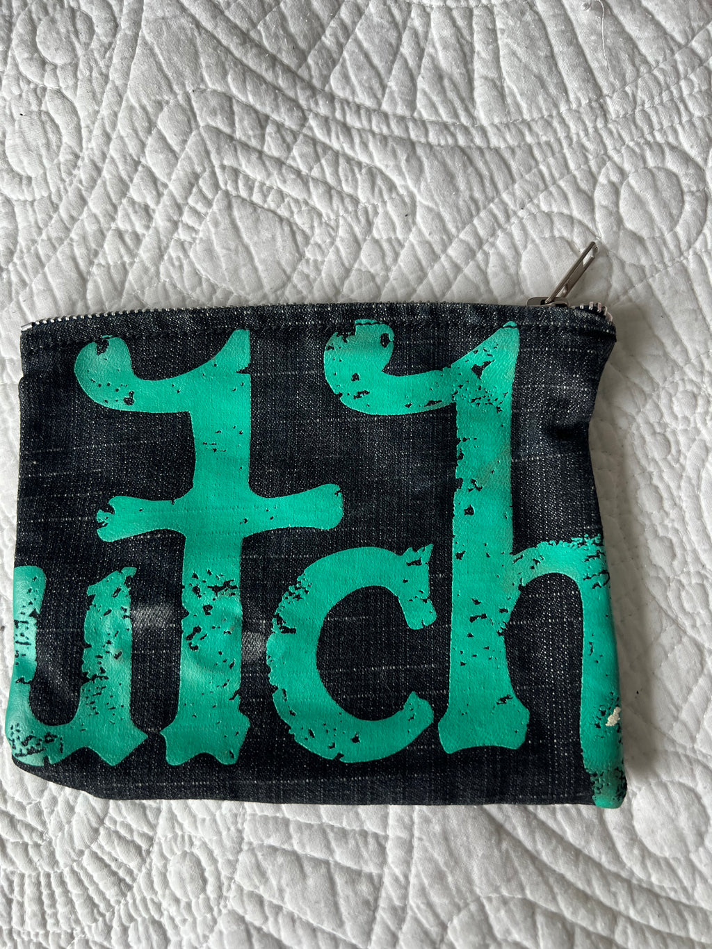 Von Dutch purse, green text style, denim style material