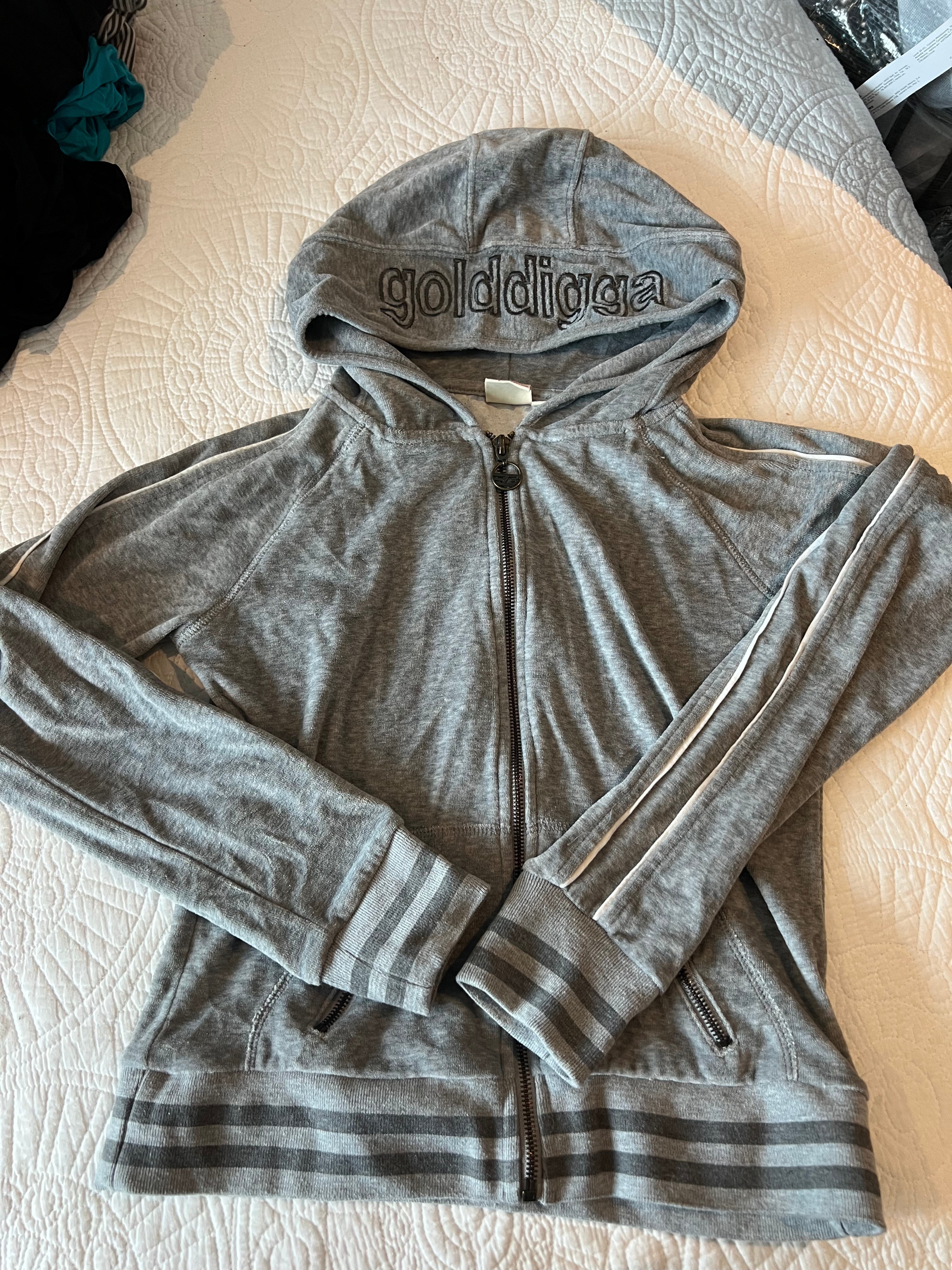 golddigga grey zip hoodie / Velvet effect