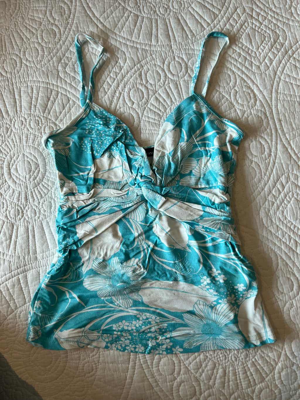 Jane Norman Blue / white spagetti strap crop top, front tie up detail