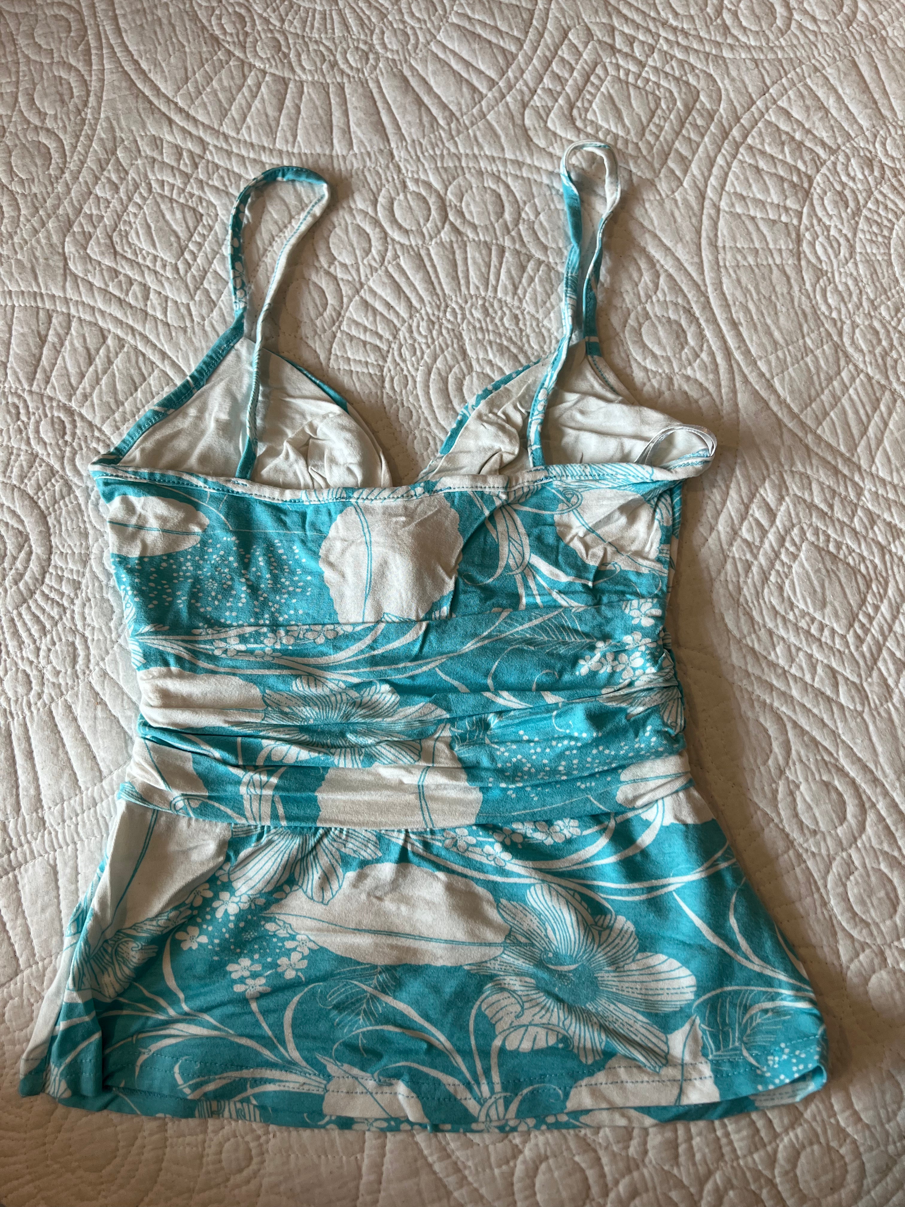 Jane Norman Blue / white spagetti strap crop top, front tie up detail