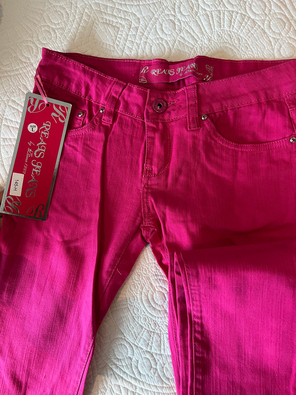 Hot pink jeans / low rise / straight leg