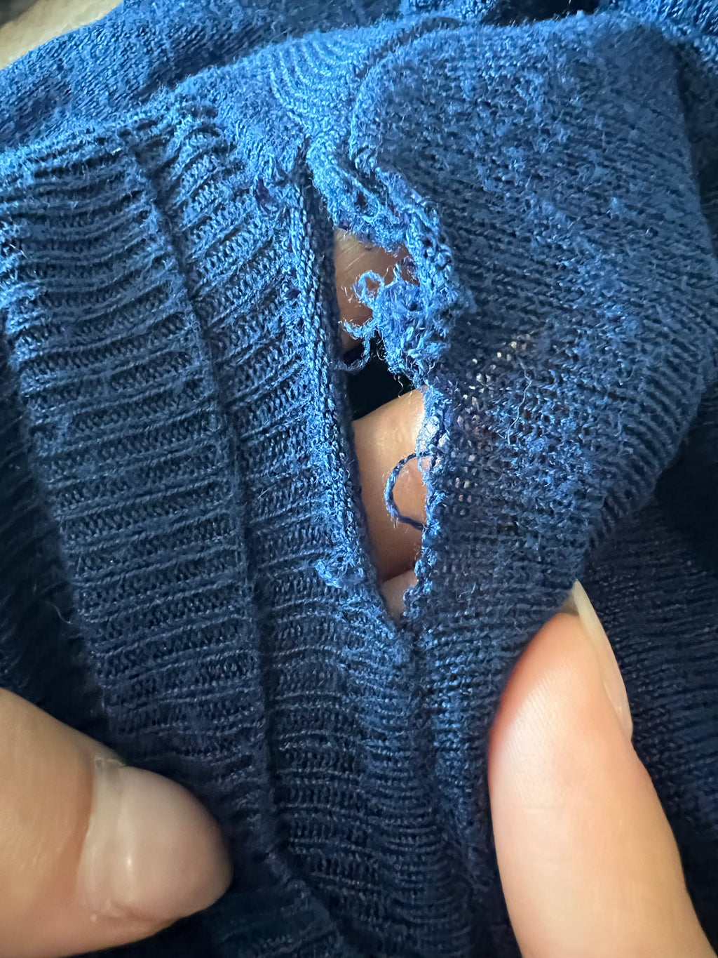 Navy long sleeve turtleneck top, small rip by neckline (see pics), size 10