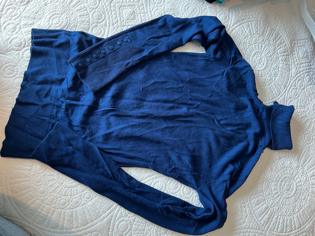 Navy long sleeve turtleneck top, small rip by neckline (see pics), size 10