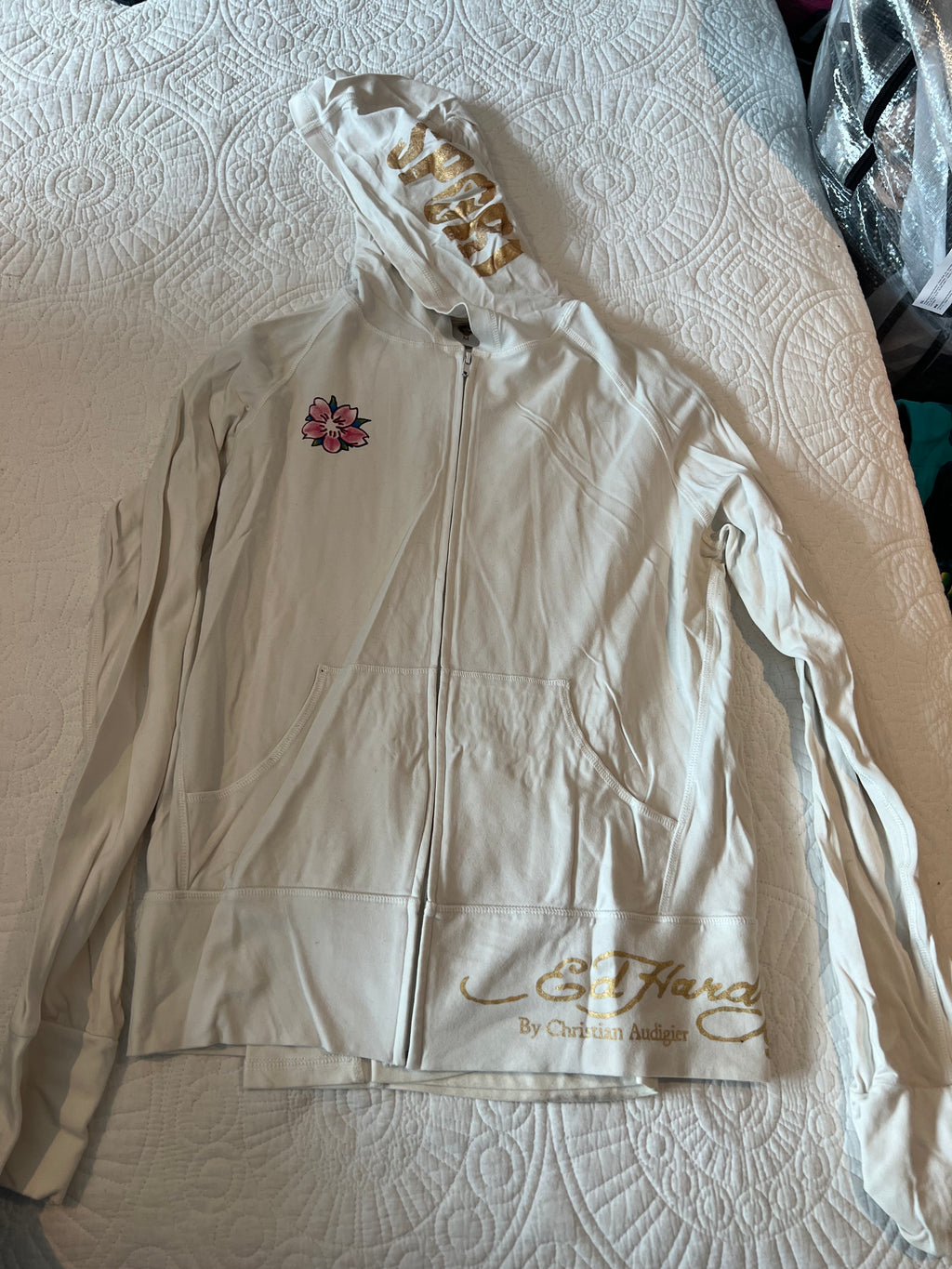 Ed Hardy White zip up hoodie and trouser two piece set