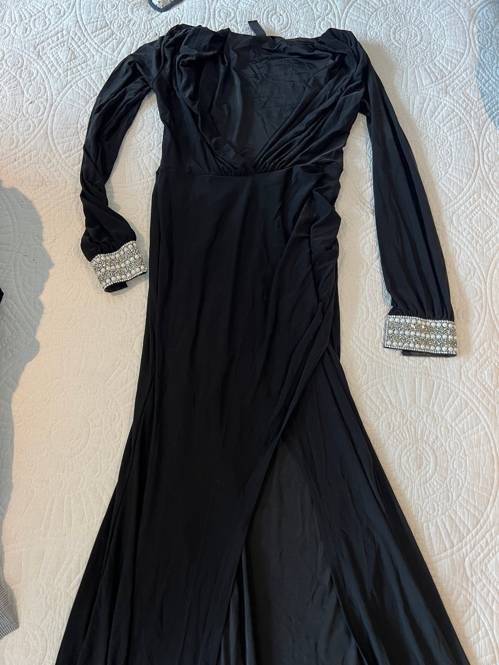 Black maxi dress / jewel design on sleeves / leg slit feature