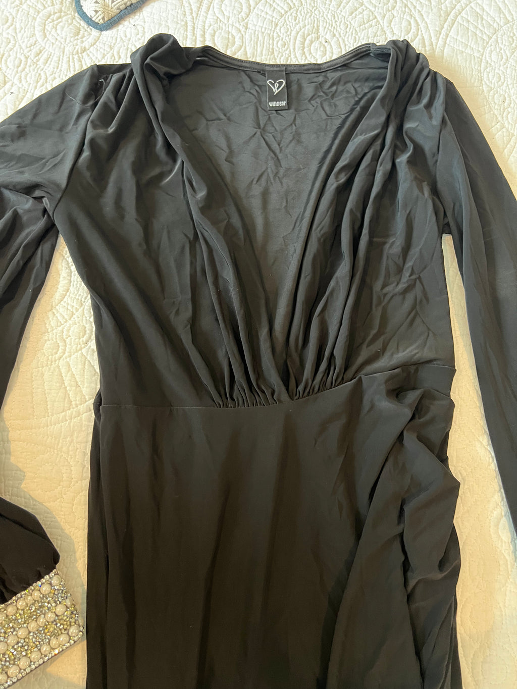 Black maxi dress / jewel design on sleeves / leg slit feature