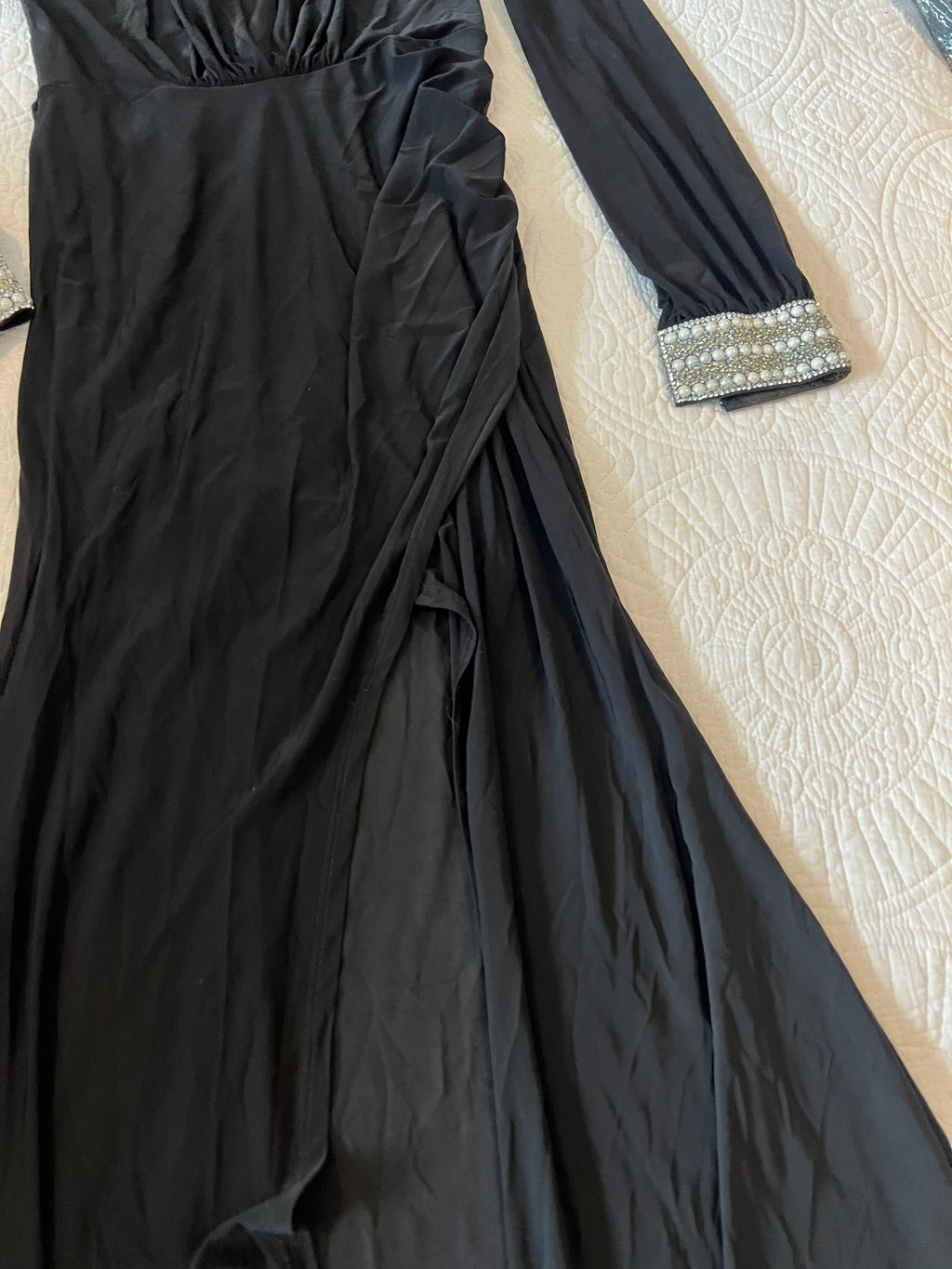 Black maxi dress / jewel design on sleeves / leg slit feature