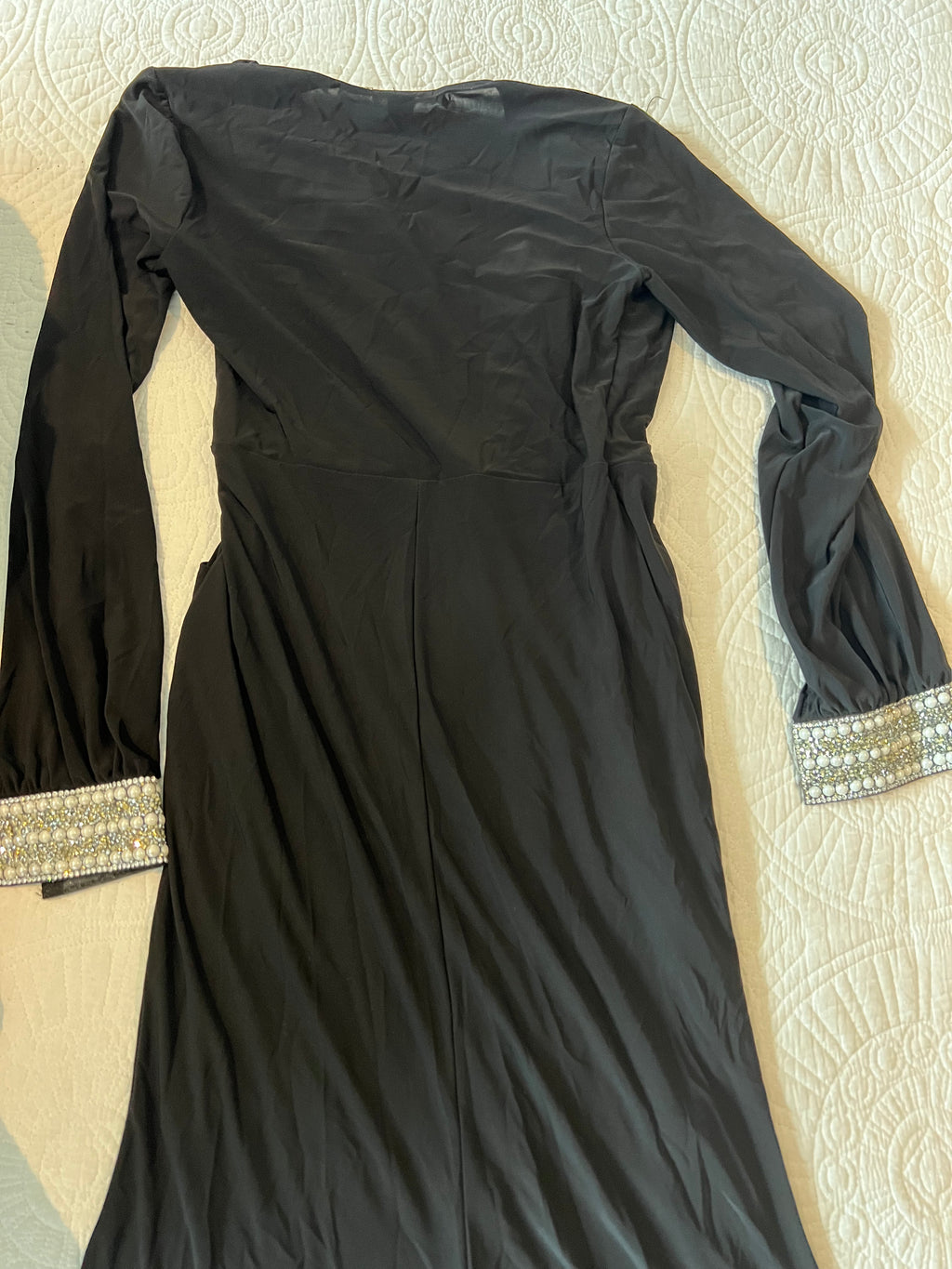 Black maxi dress / jewel design on sleeves / leg slit feature