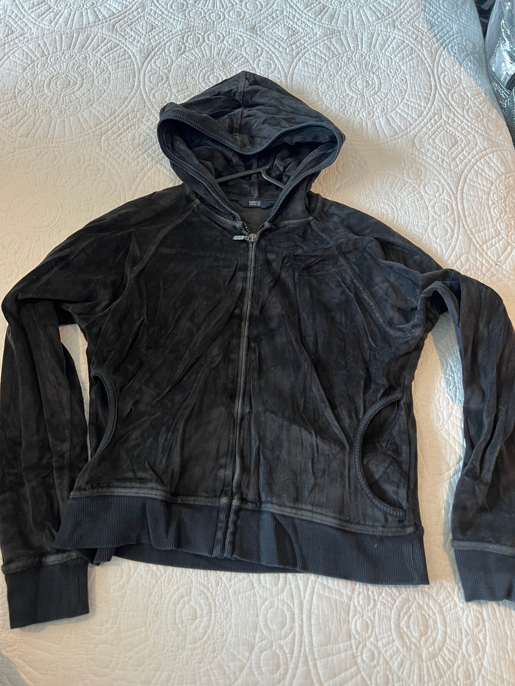 Black velvet style fabric zip up hoodie