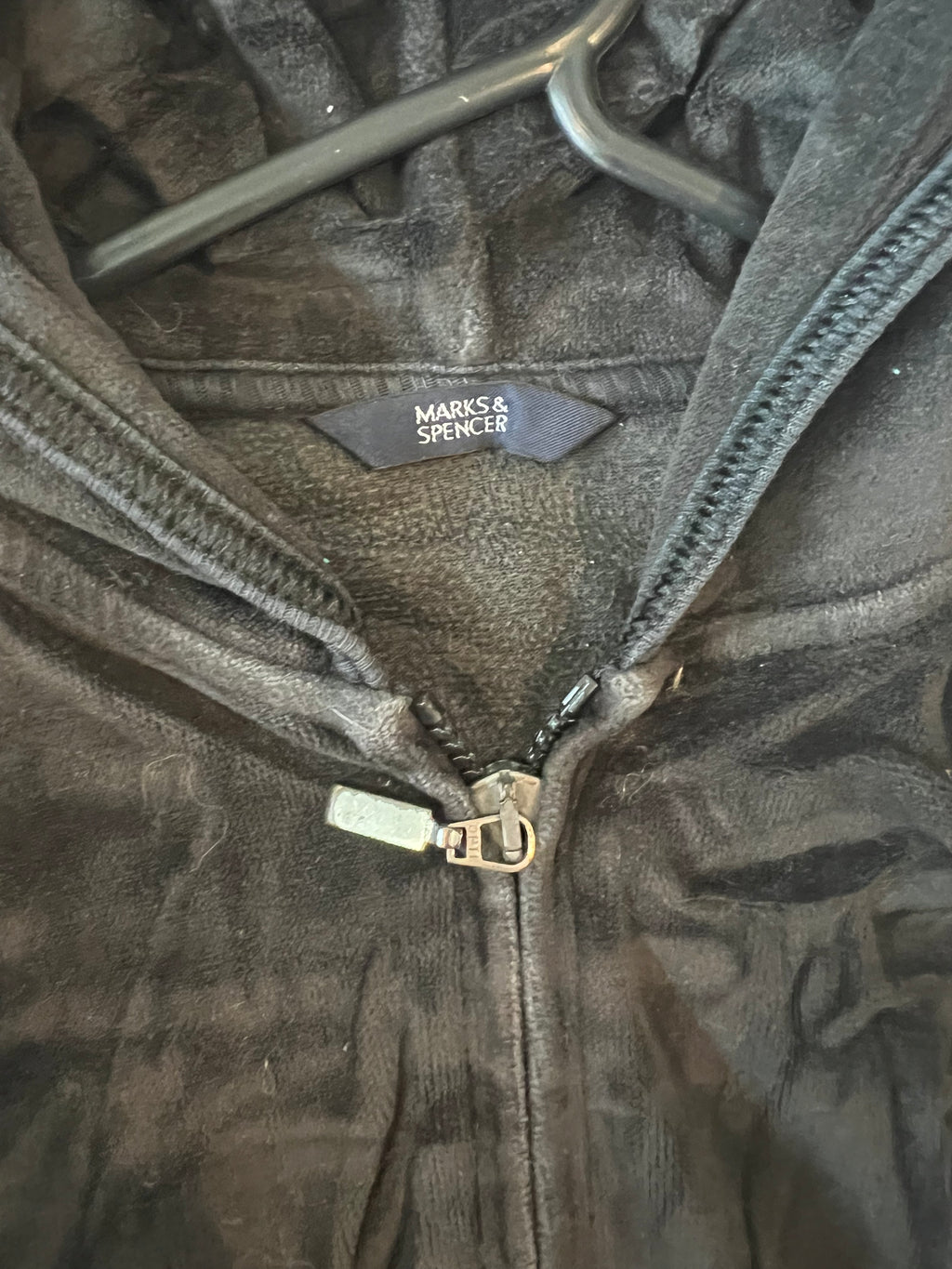 Black velvet style fabric zip up hoodie