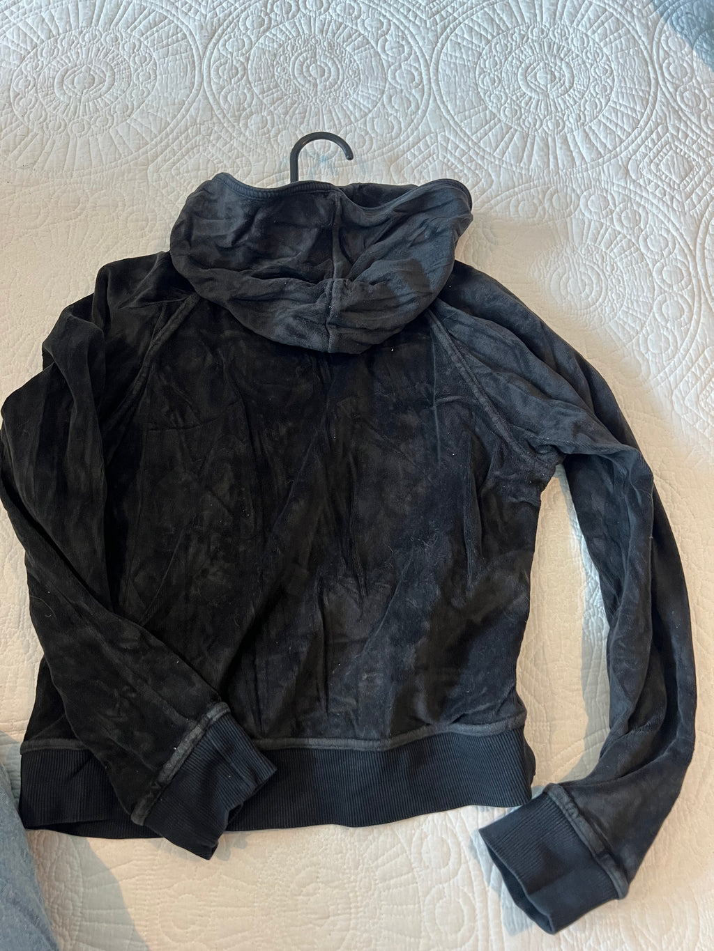 Black velvet style fabric zip up hoodie