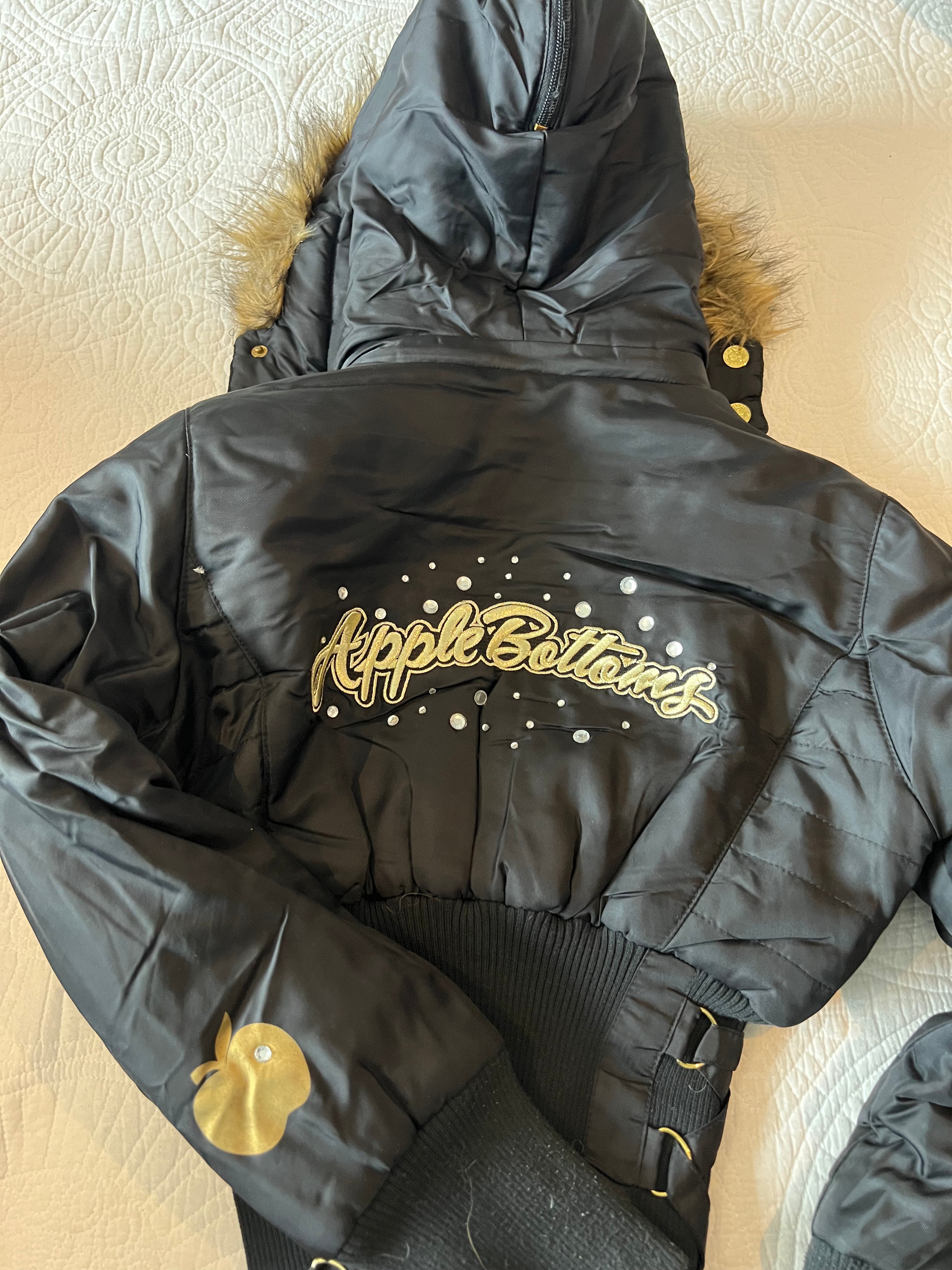 Apple Bottom Black jacket / Fur detail on hood / Jewel design on back
