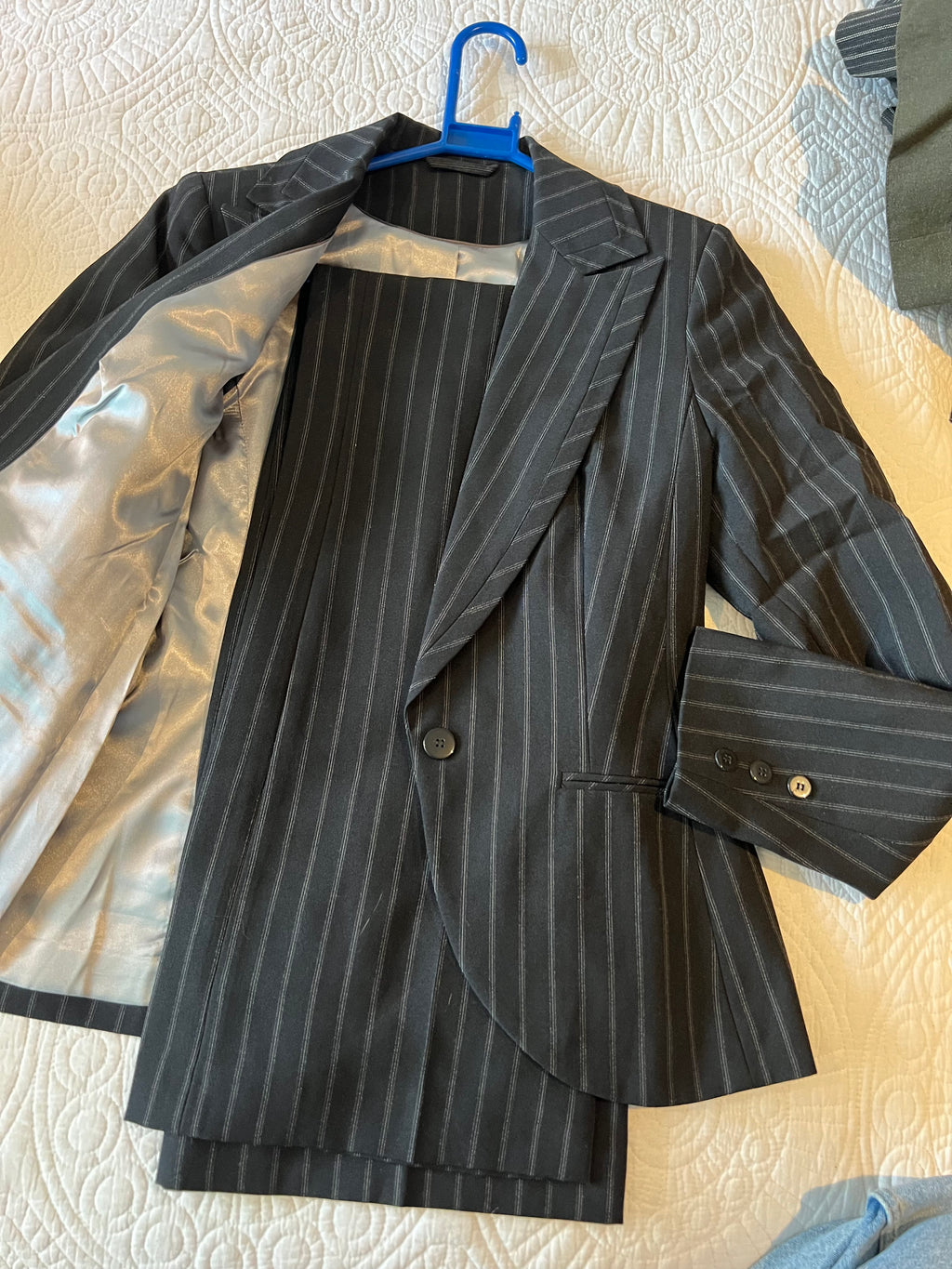 Black and white stripe style blazer two piece set with trousers