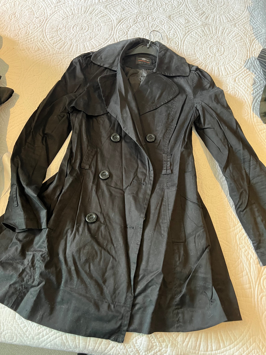 Black, mid length trench coat