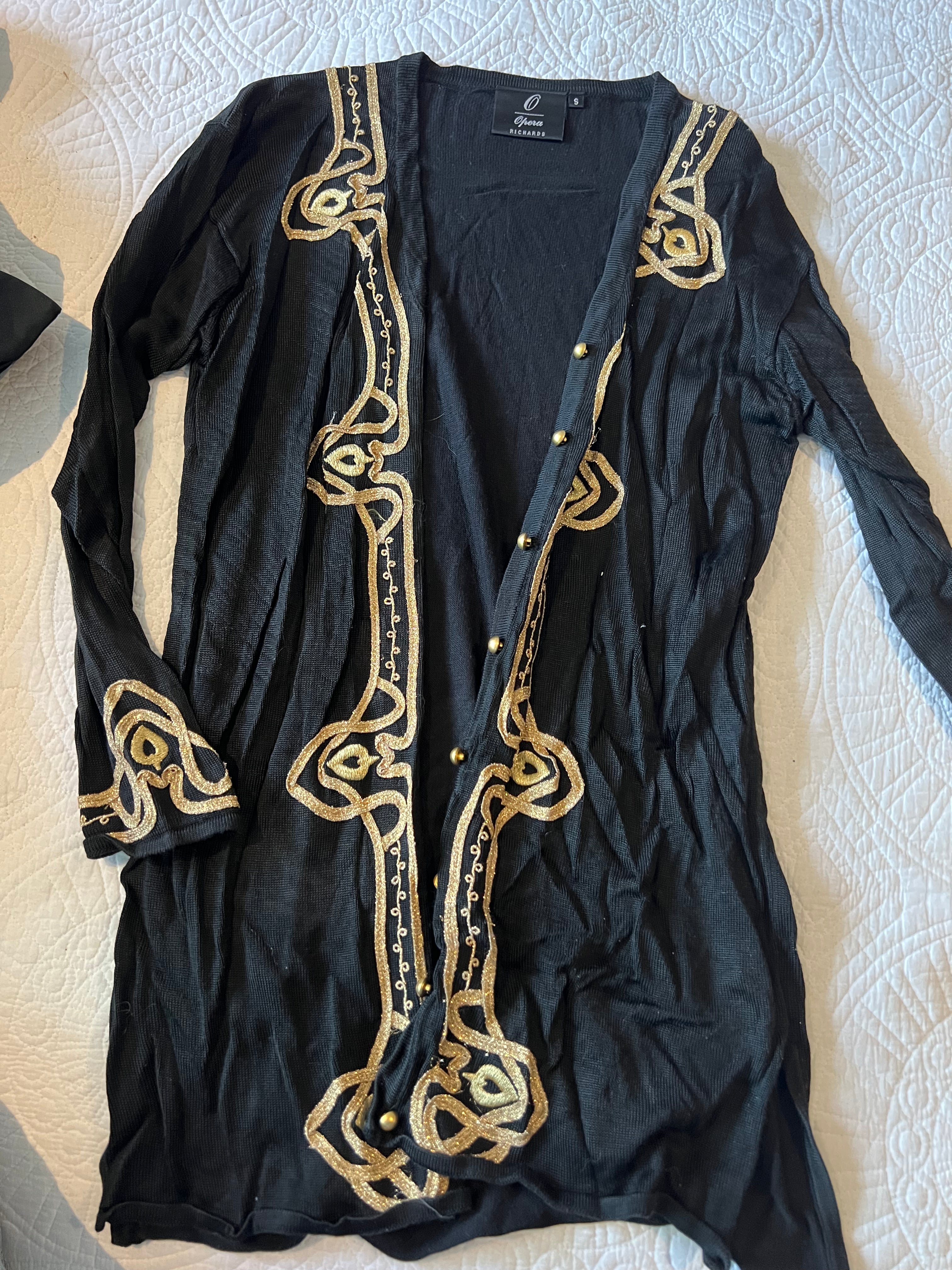 Long black cardigan with gold detailing
