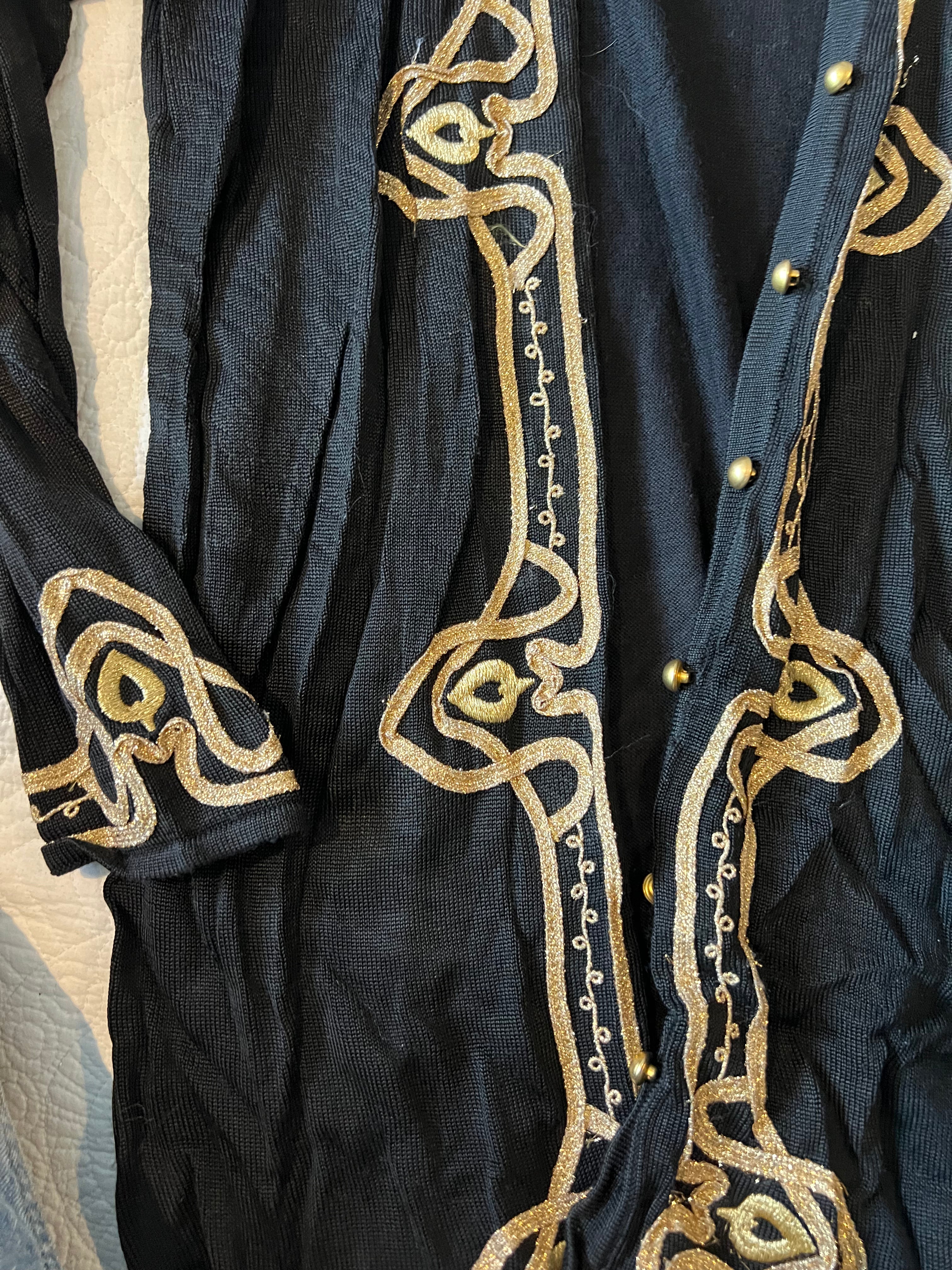 Long black cardigan with gold detailing