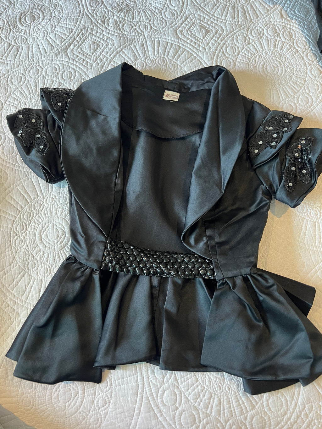 Custom made satin like jacket, Frills & embroidery on arms