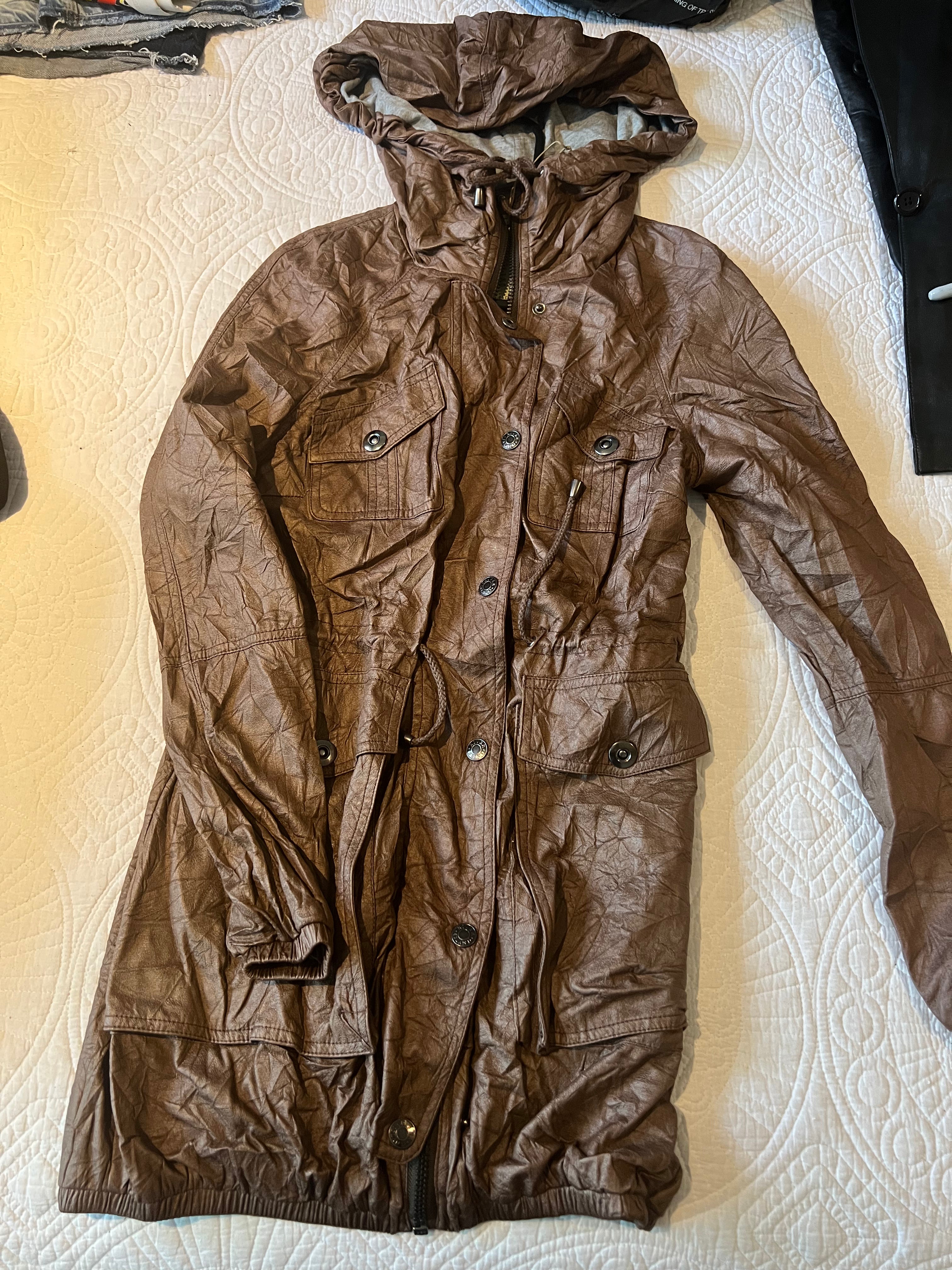 Long brown coat with drawstrings