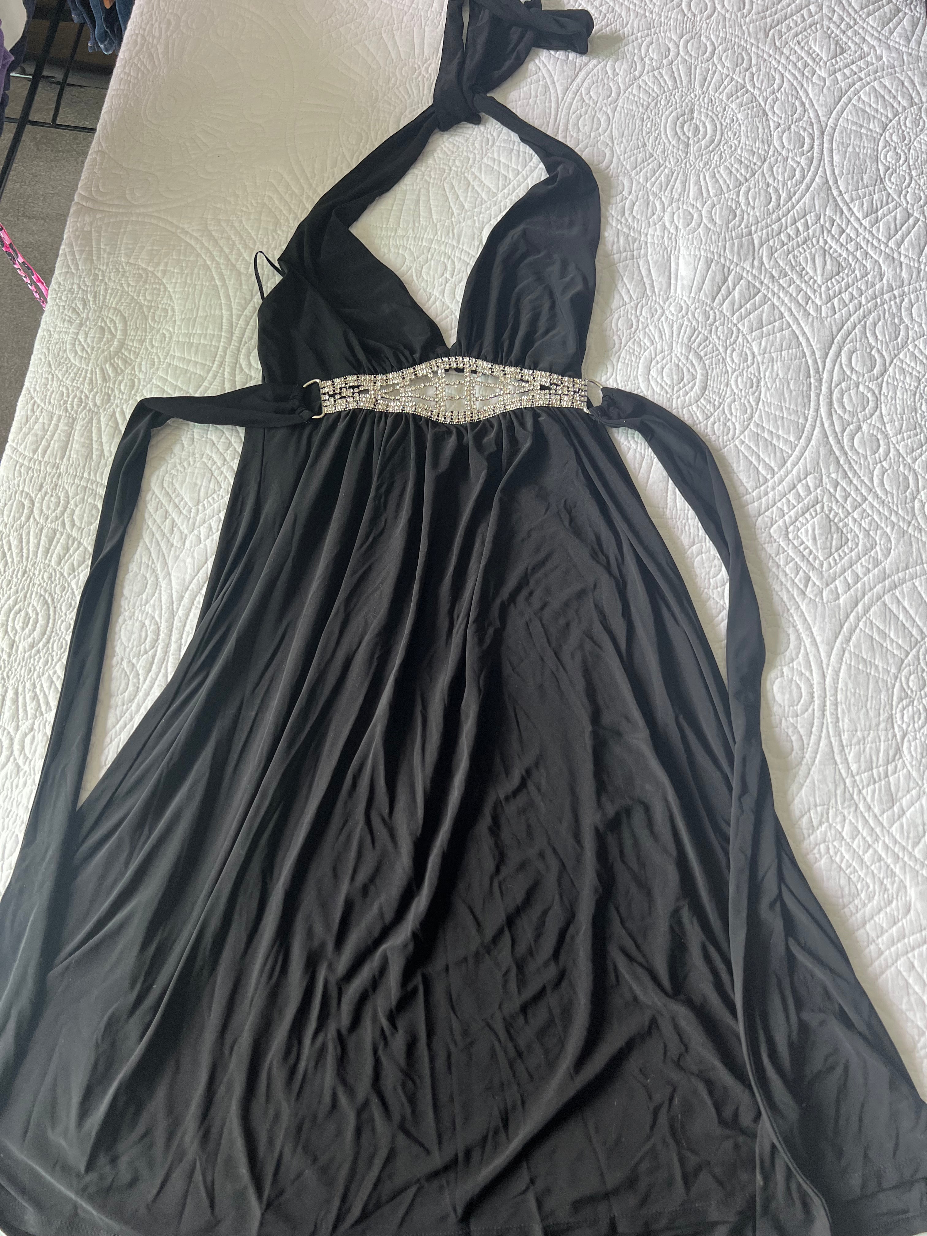Black halter neck backless mini dress / Diamond belt