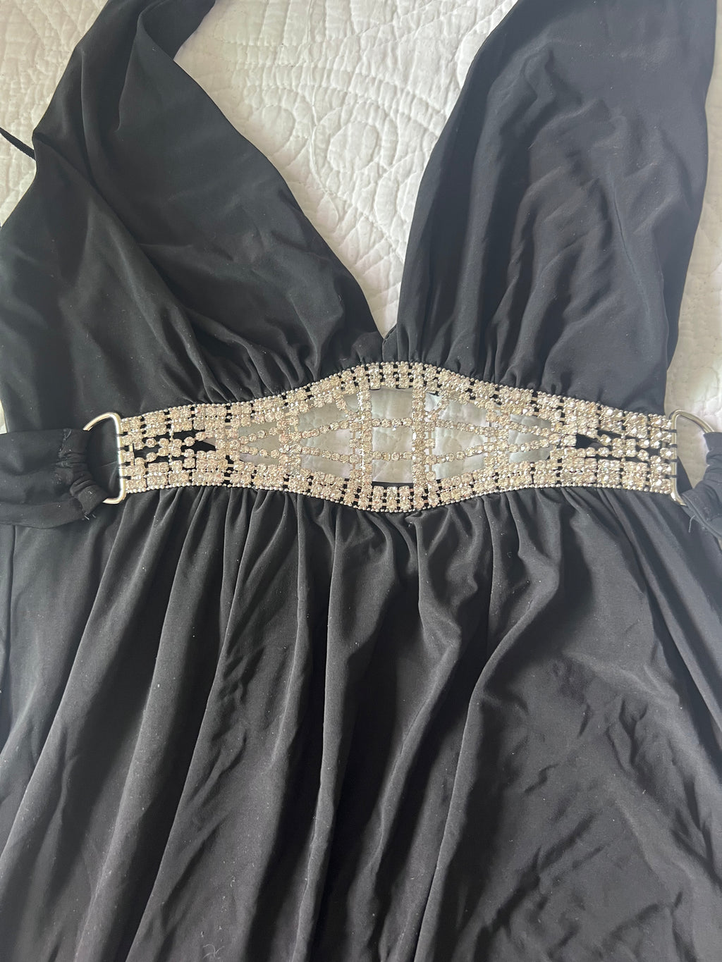 Black halter neck backless mini dress / Diamond belt