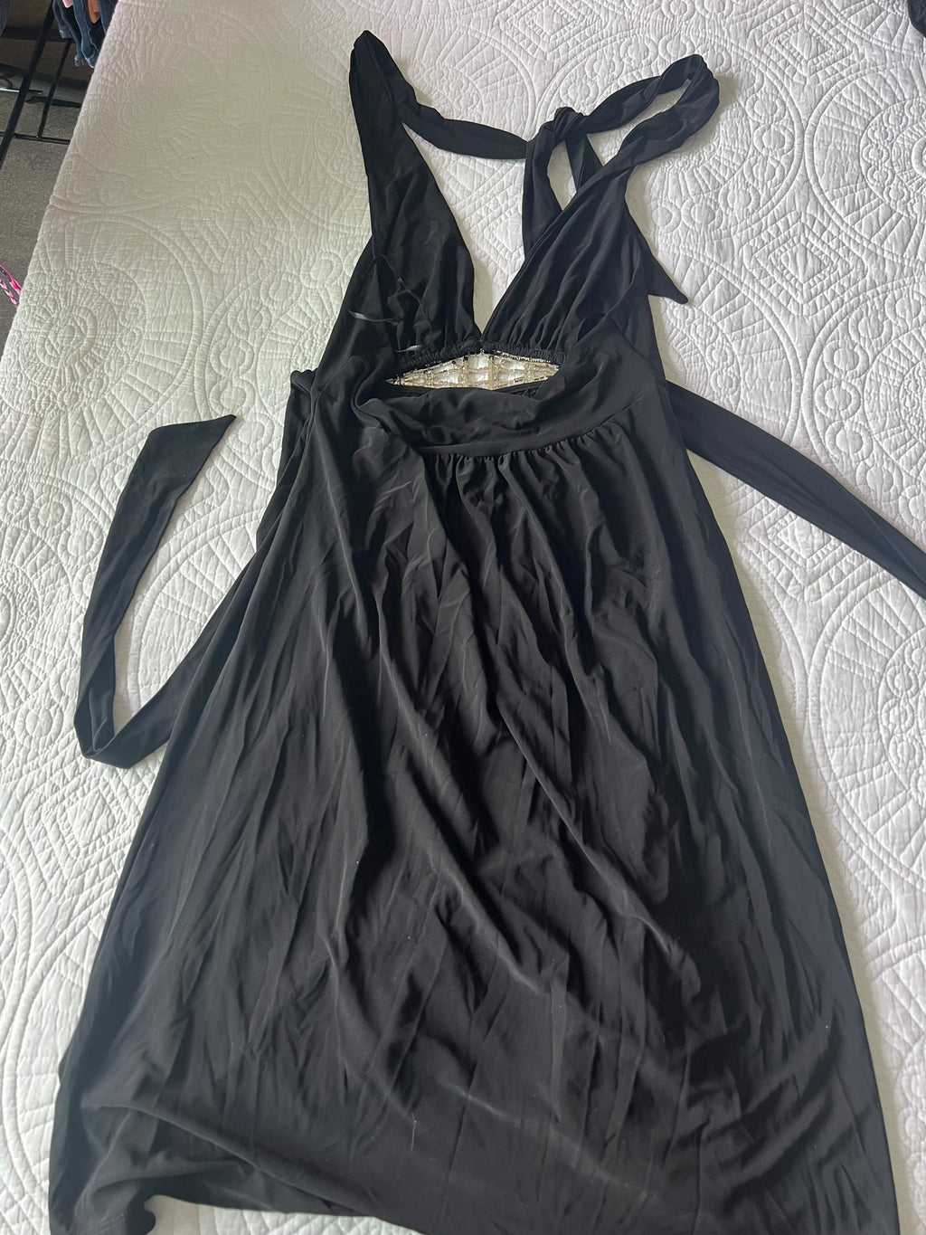 Black halter neck backless mini dress / Diamond belt