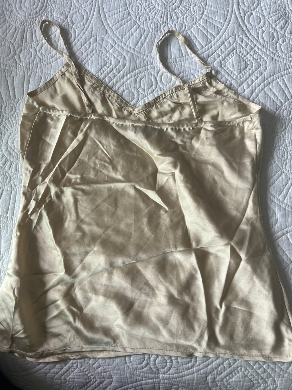 Cream Satin like top with spaghetti straps and gold sequences