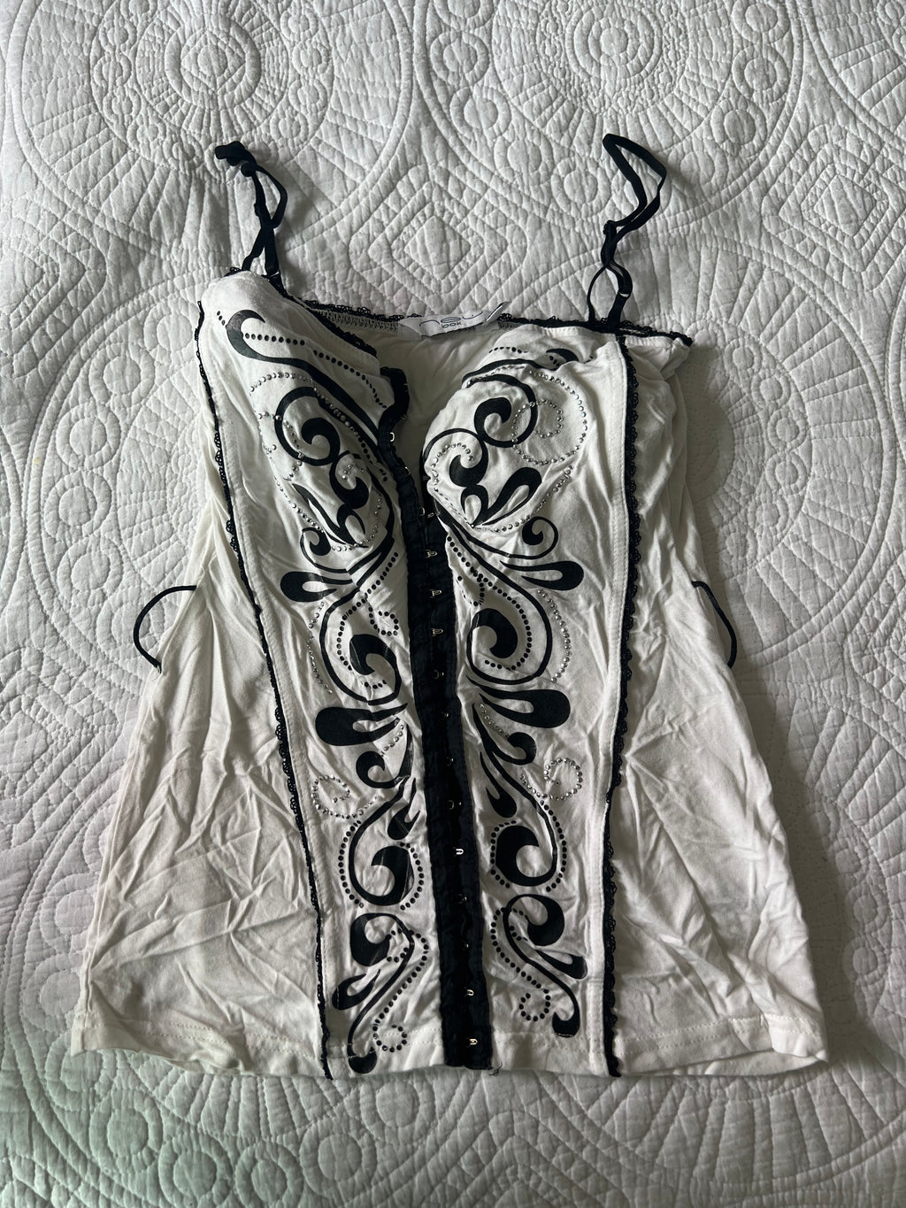 White & black top with hooks & jewels, Padded bra area