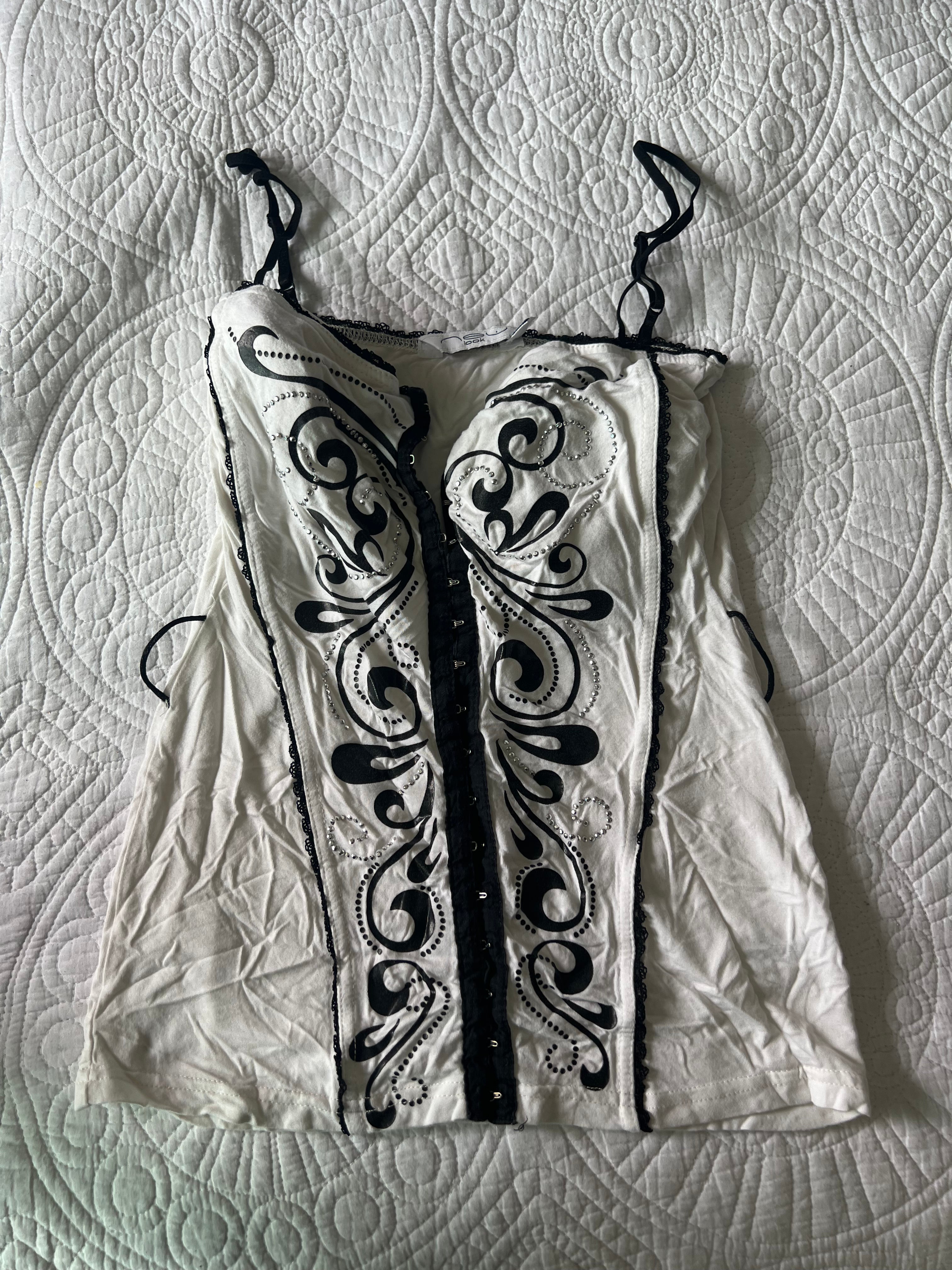 White & black top with hooks & jewels, Padded bra area