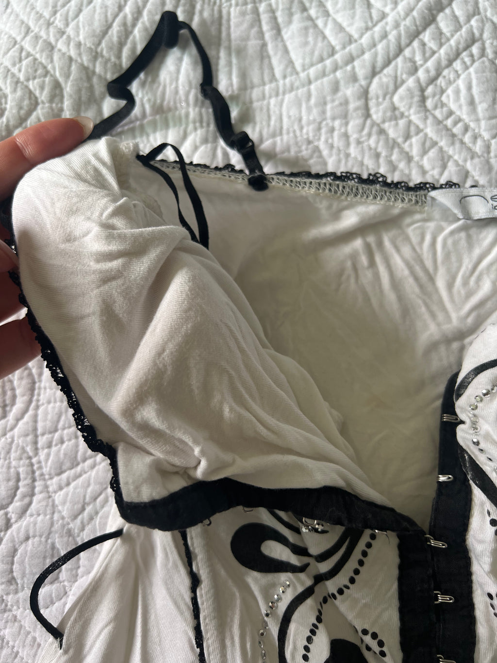 White & black top with hooks & jewels, Padded bra area