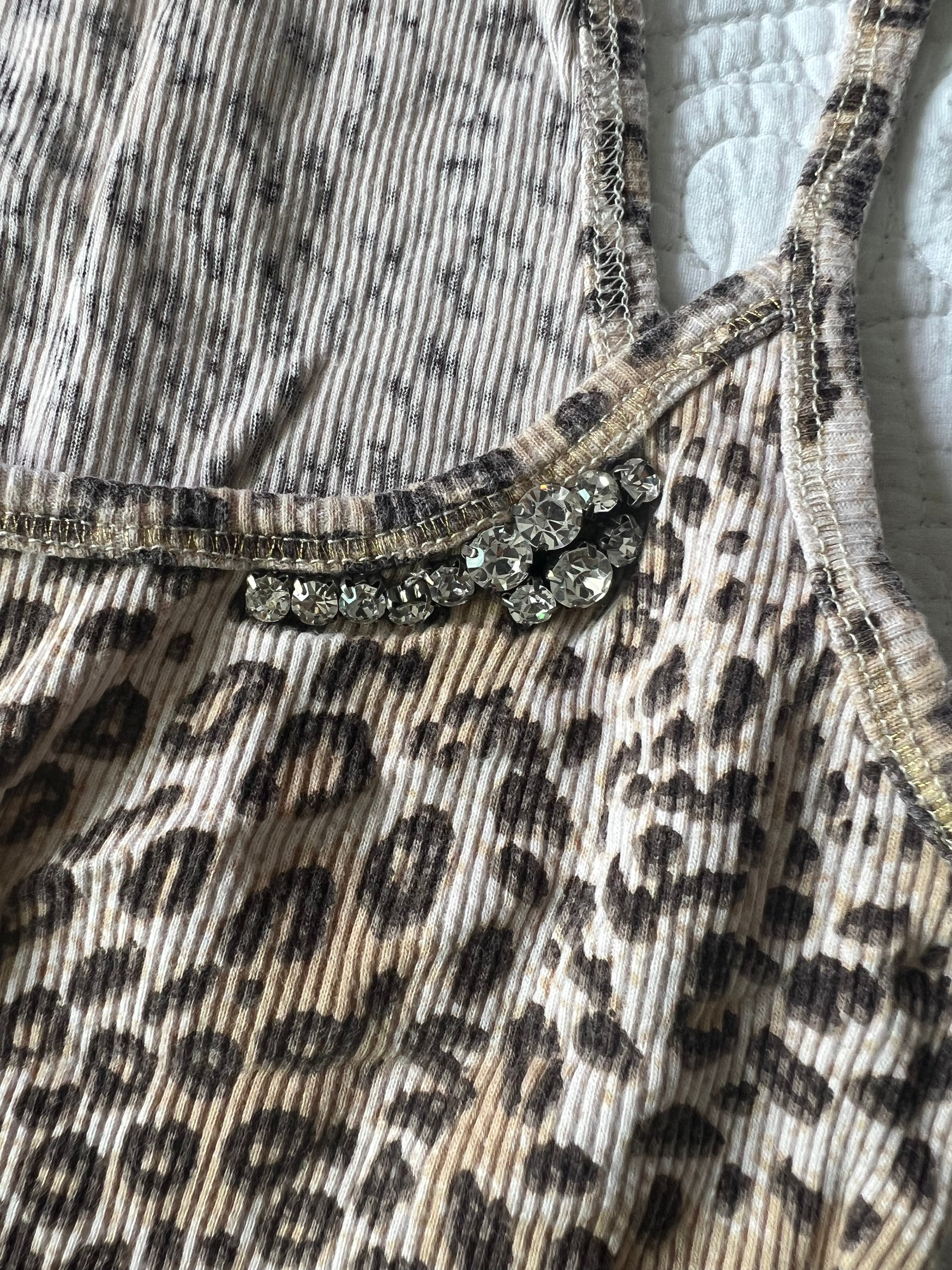 Leopard print ribbed vest with jewel detailing