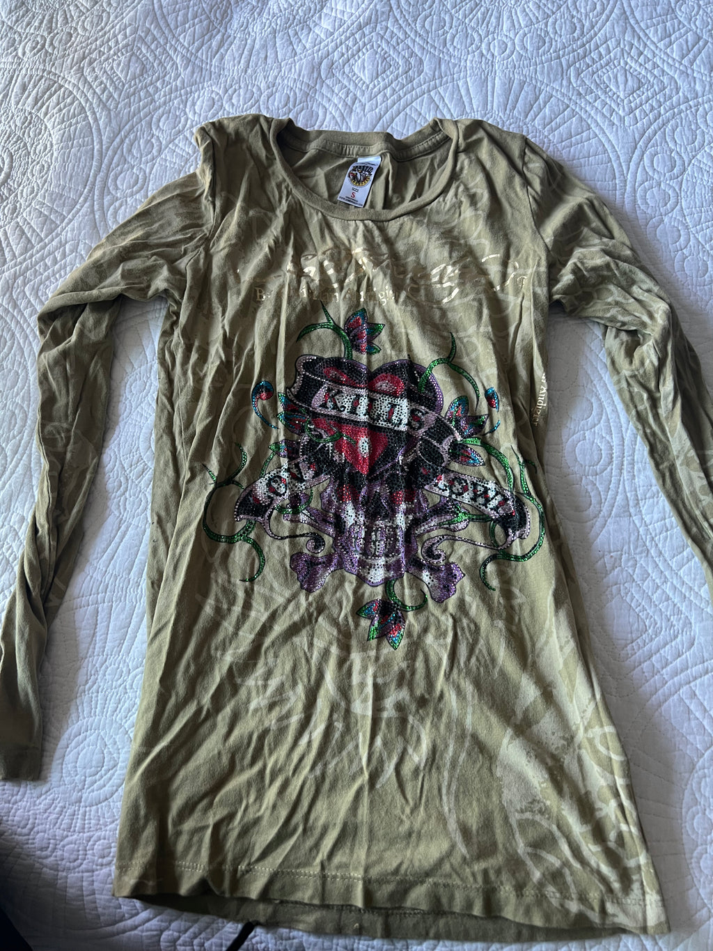 Ed hardy long sleeve khaki t-shirt dress with jewels