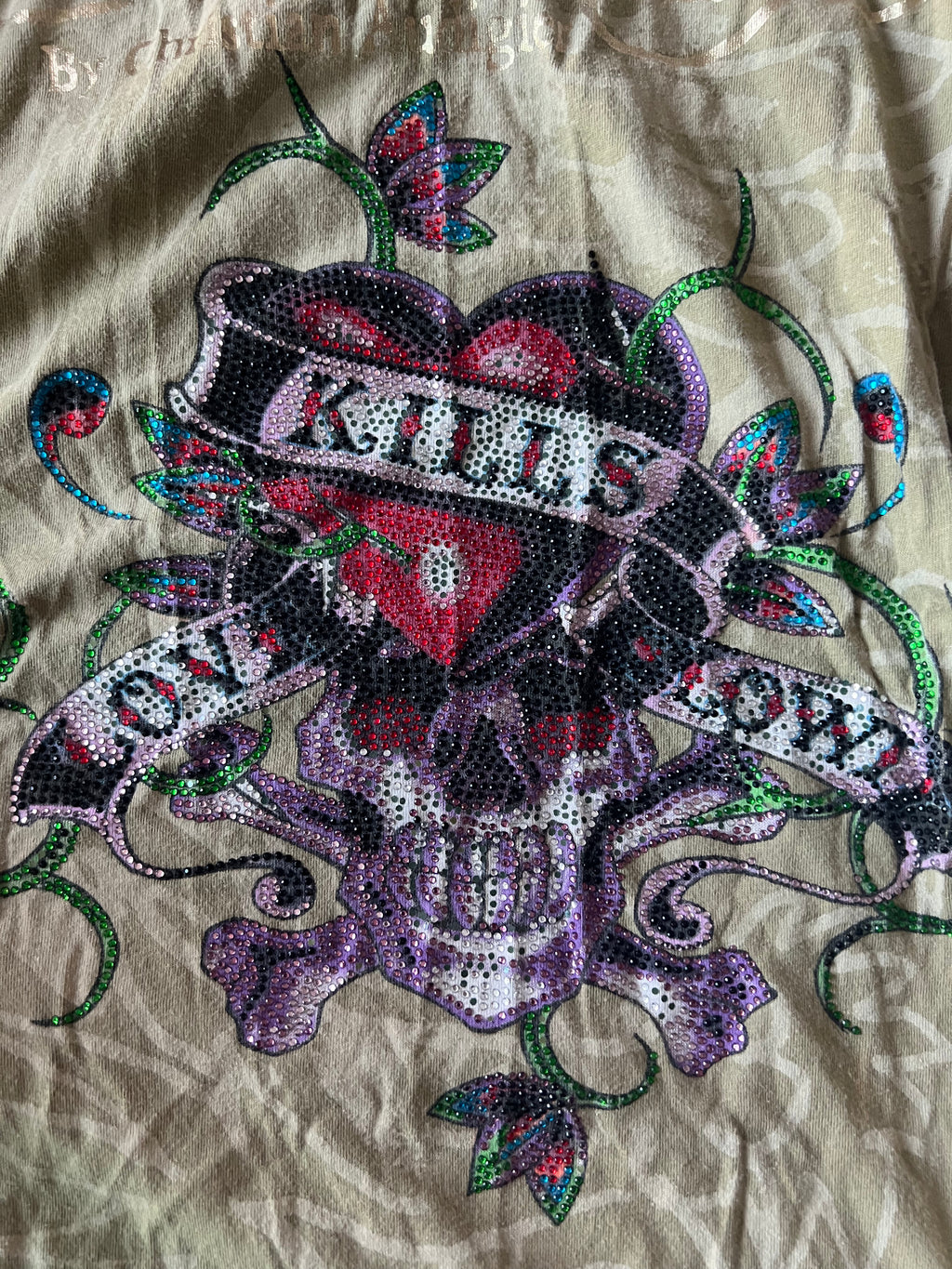 Ed hardy long sleeve khaki t-shirt dress with jewels