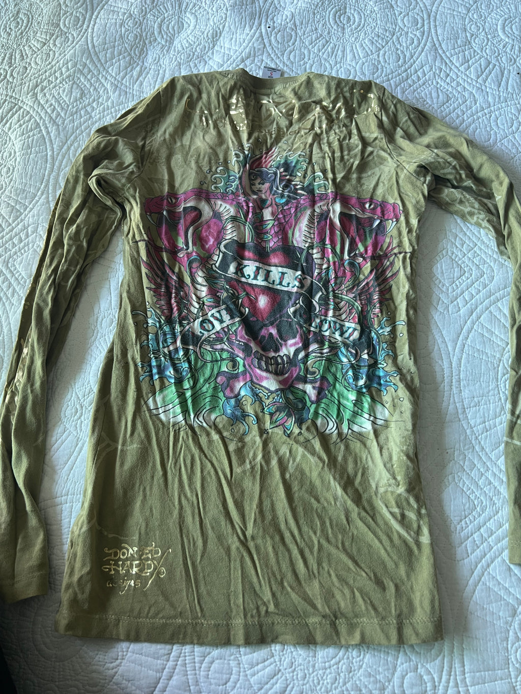 Ed hardy long sleeve khaki t-shirt dress with jewels
