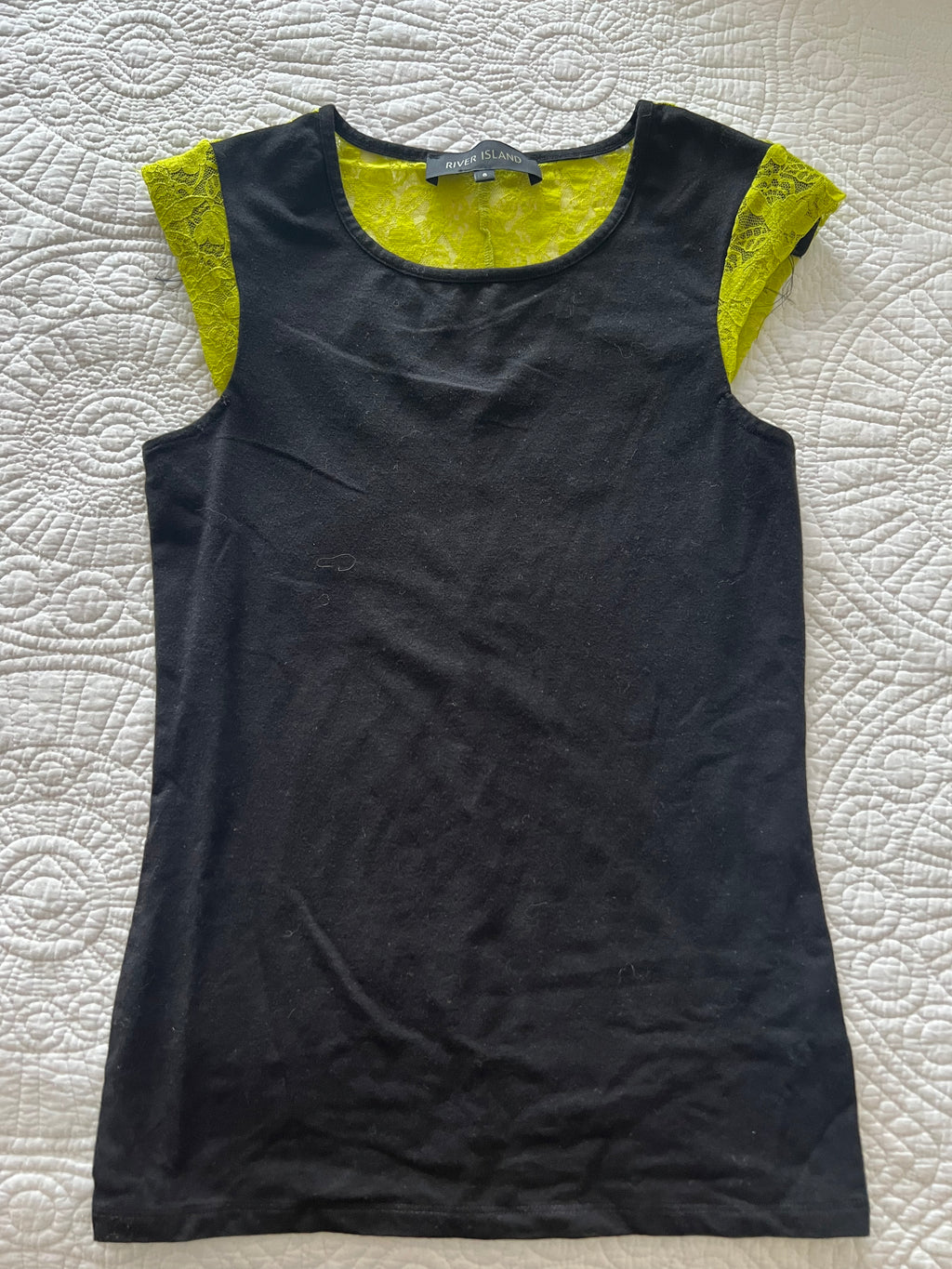 Black/grey top with yellow lace