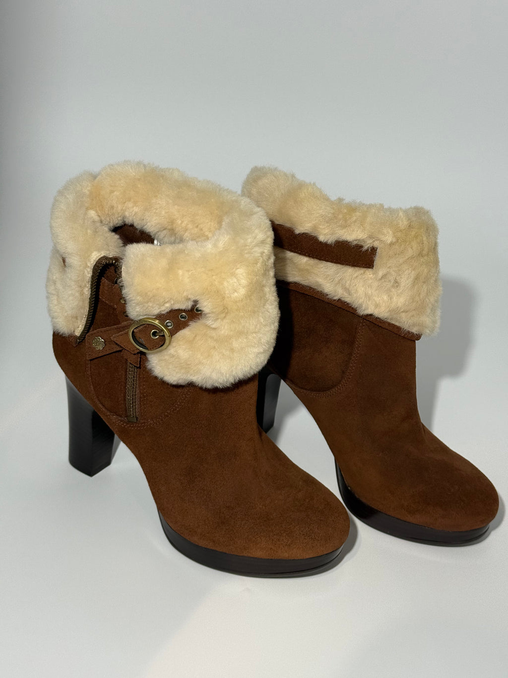 BRAND NEW UGG - AUSTRALIAN SHEPHERD BROWN BOOT HEELS WITH FUR