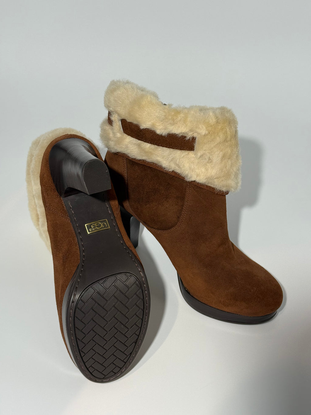 BRAND NEW UGG - AUSTRALIAN SHEPHERD BROWN BOOT HEELS WITH FUR