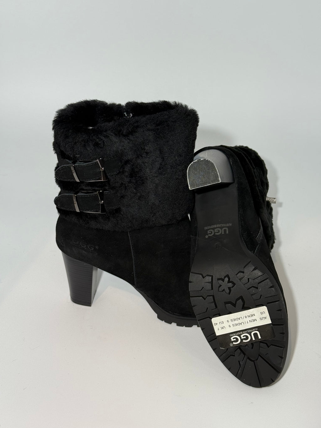 BRAND NEW UGG - AUSTRALIAN SHEPHERD BLACK BOOT HEELS WITH FUR