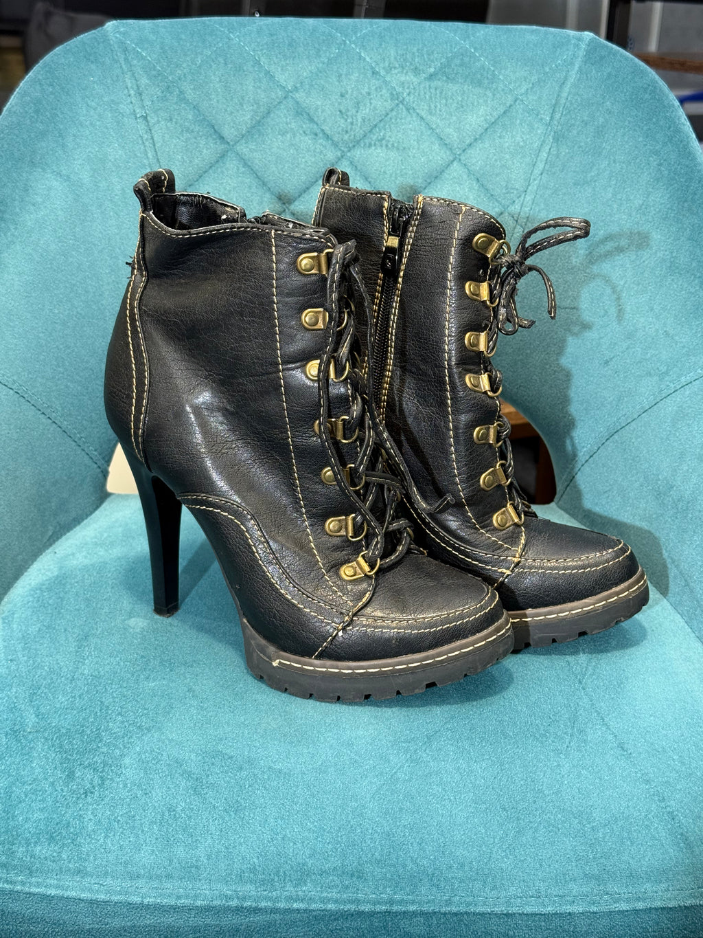 Black Lace-Up Ankle Boots with Stiletto Heel & Side Zip