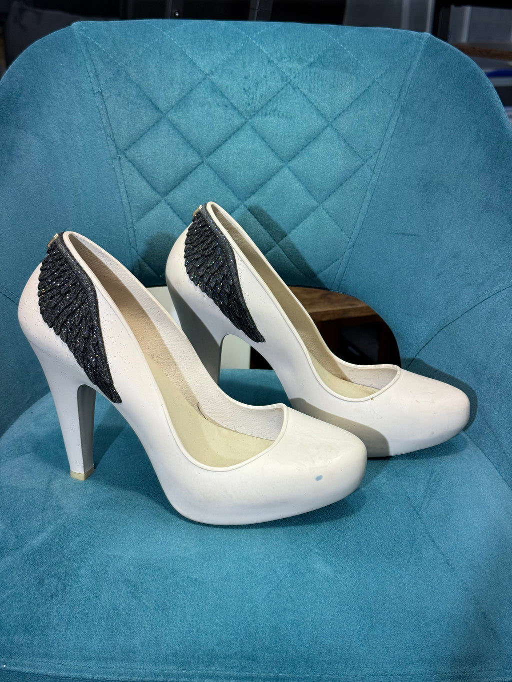 White Platform High Heels with Black Glitter Wing Detail