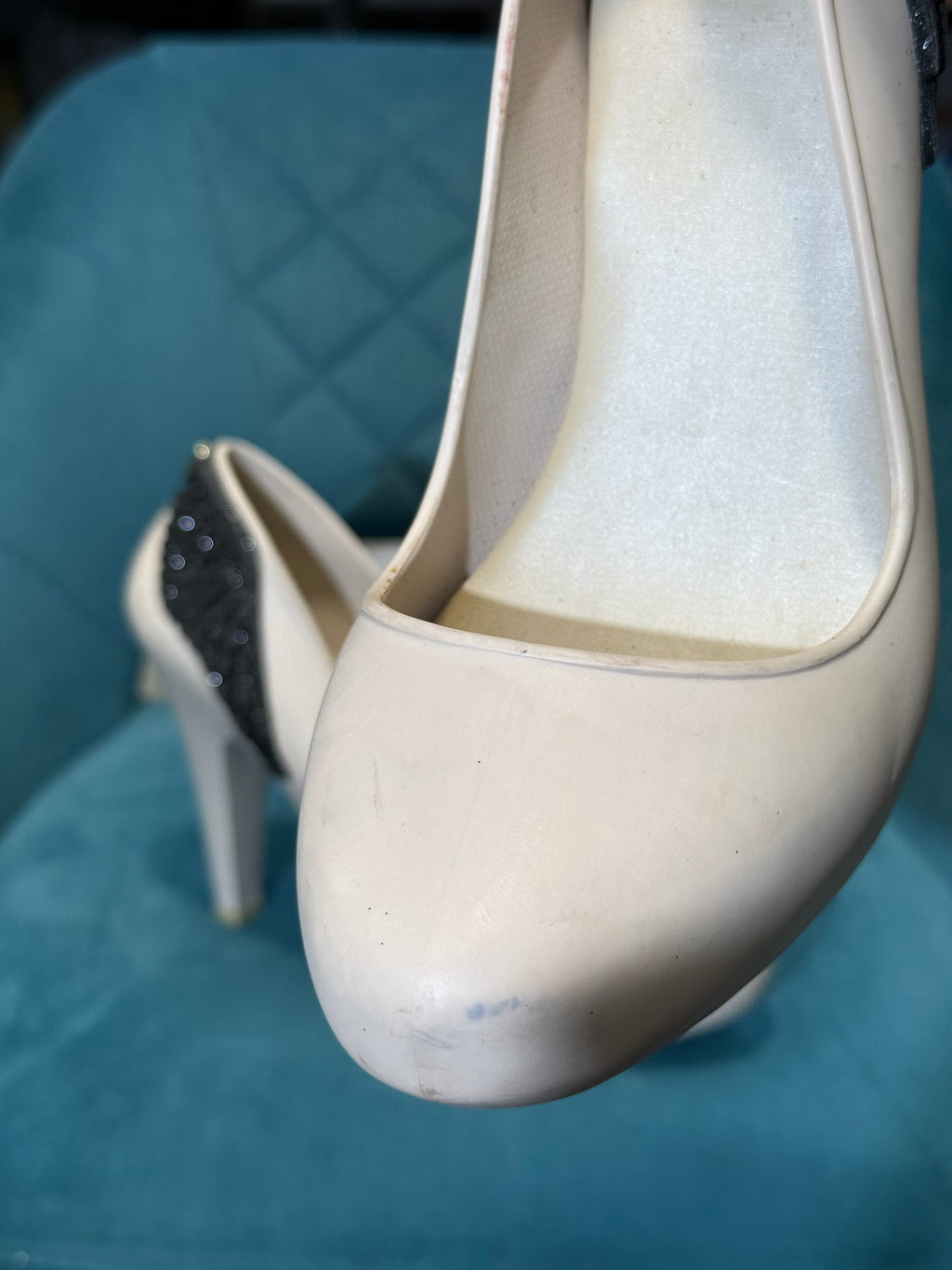 White Platform High Heels with Black Glitter Wing Detail